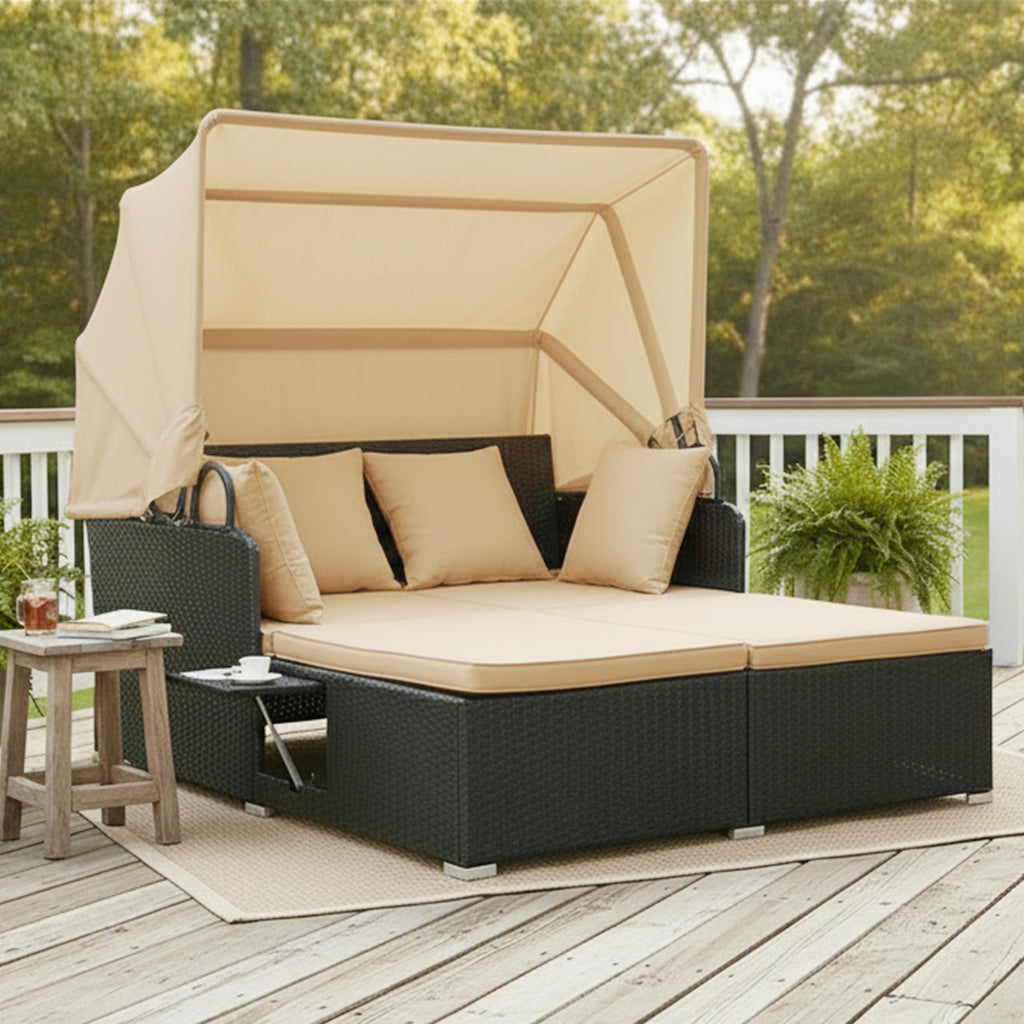Tangkula Patio Rattan Daybed with Retractable Canopy, Outdoor Wicker Sunbed Lounger with 2 Foldable Side Tables, Thick Seat & Back Cushions, Outside Double Daybed for Garden, Backyard, Porch