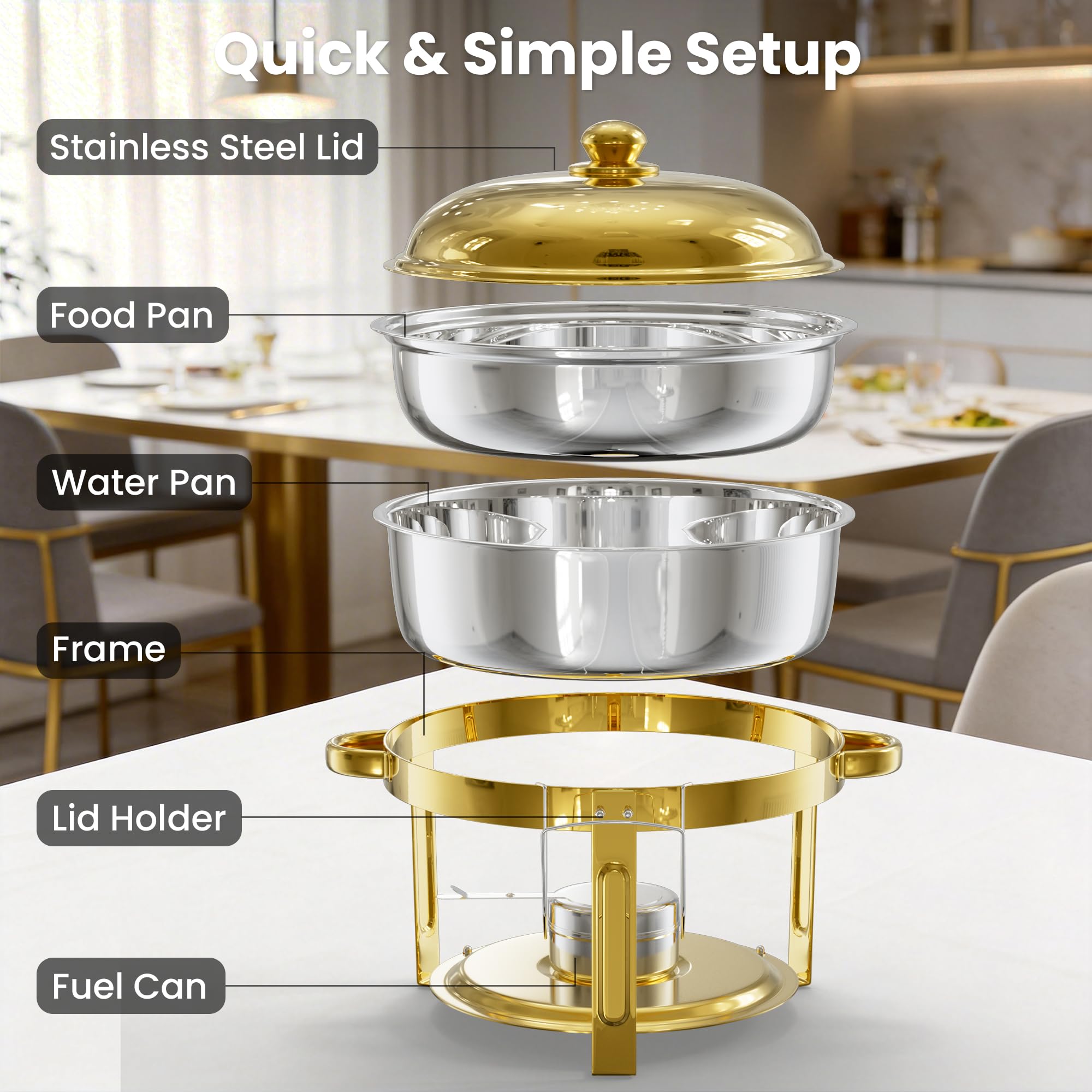 WARMOUNTS 6.5QT Gold Chafing Dishes for Buffet 6 Pack, Stainless Steel Round Chafers and Buffet Warmers Sets with Lid Holder, Rolled Rim Process, Stackable Design, for Catering, Parties, Weddings