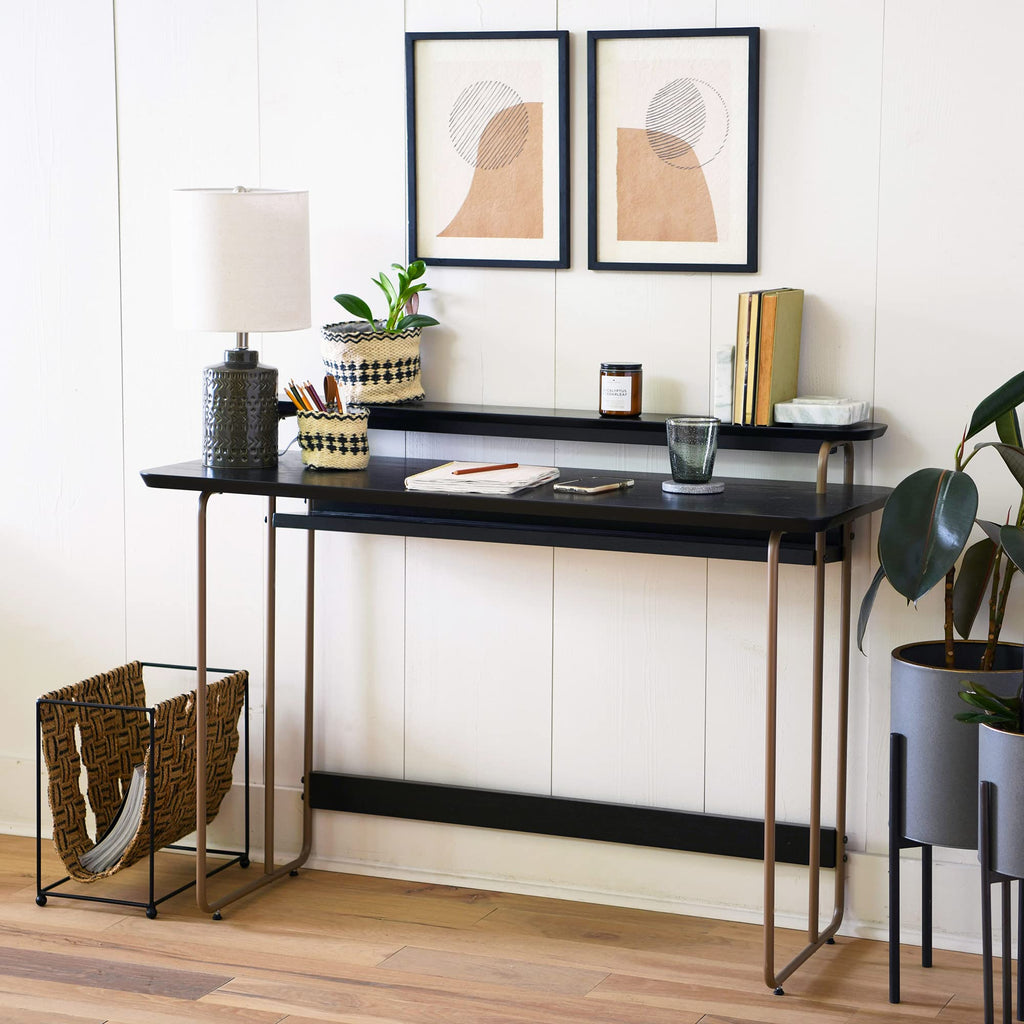 Main + Mesa Pacifica Mid-Century Modern Computer Desk with Genuine Wood Veneer and Rounded Metal Detail for Boho Bedroom, Home Office, and Study