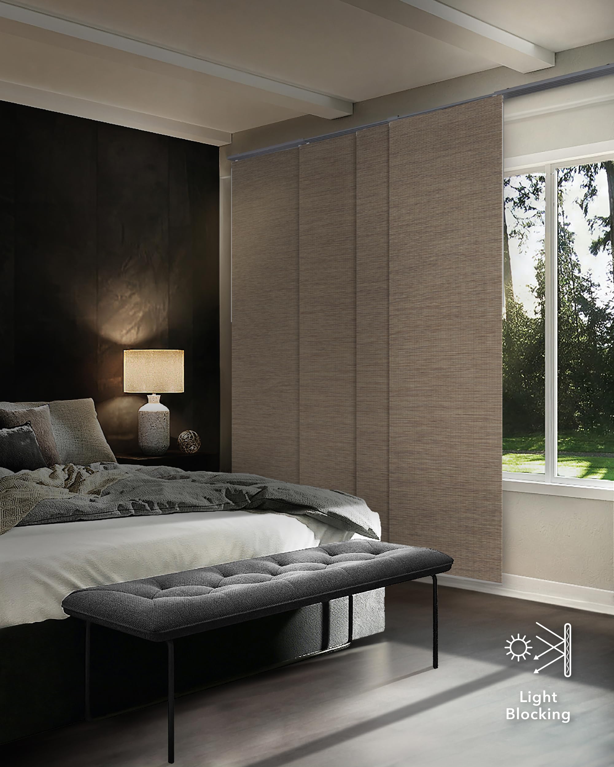 GoDear Design 99.99% Blackout Adjustable Sliding Panel Track Blinds for Sliding Glass Doors 45.8"- 86" W x 96" H, Extendable Vertical Blinds, Trimmable Natural Woven Panel, Bali Cottages