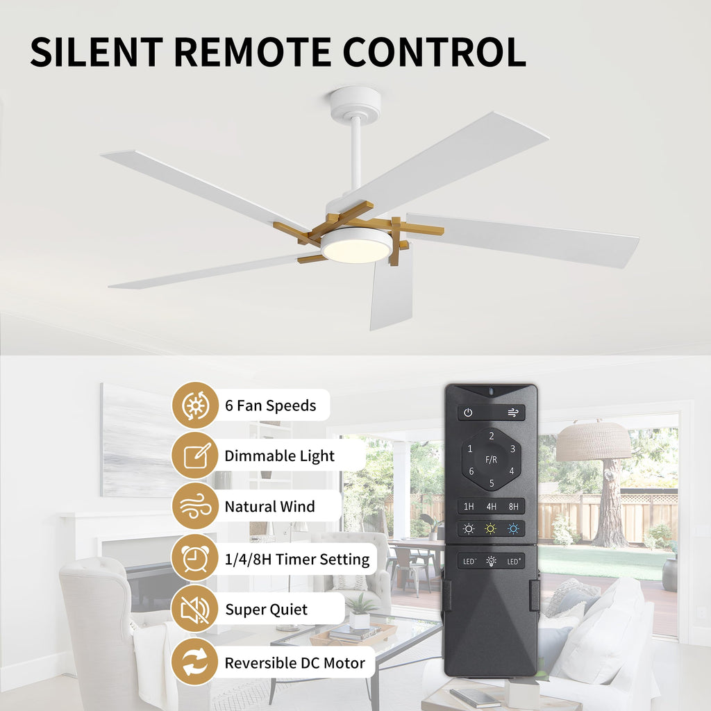 WINGBO 64 Inch Ceiling Fan with Light and Remote, 5 Plywood Blades, 6-Speed Reversible DC Motor, Dimmable, 3CCT, Modern Ceiling Fan for Bedroom Living Room Kitchen, Gold and White