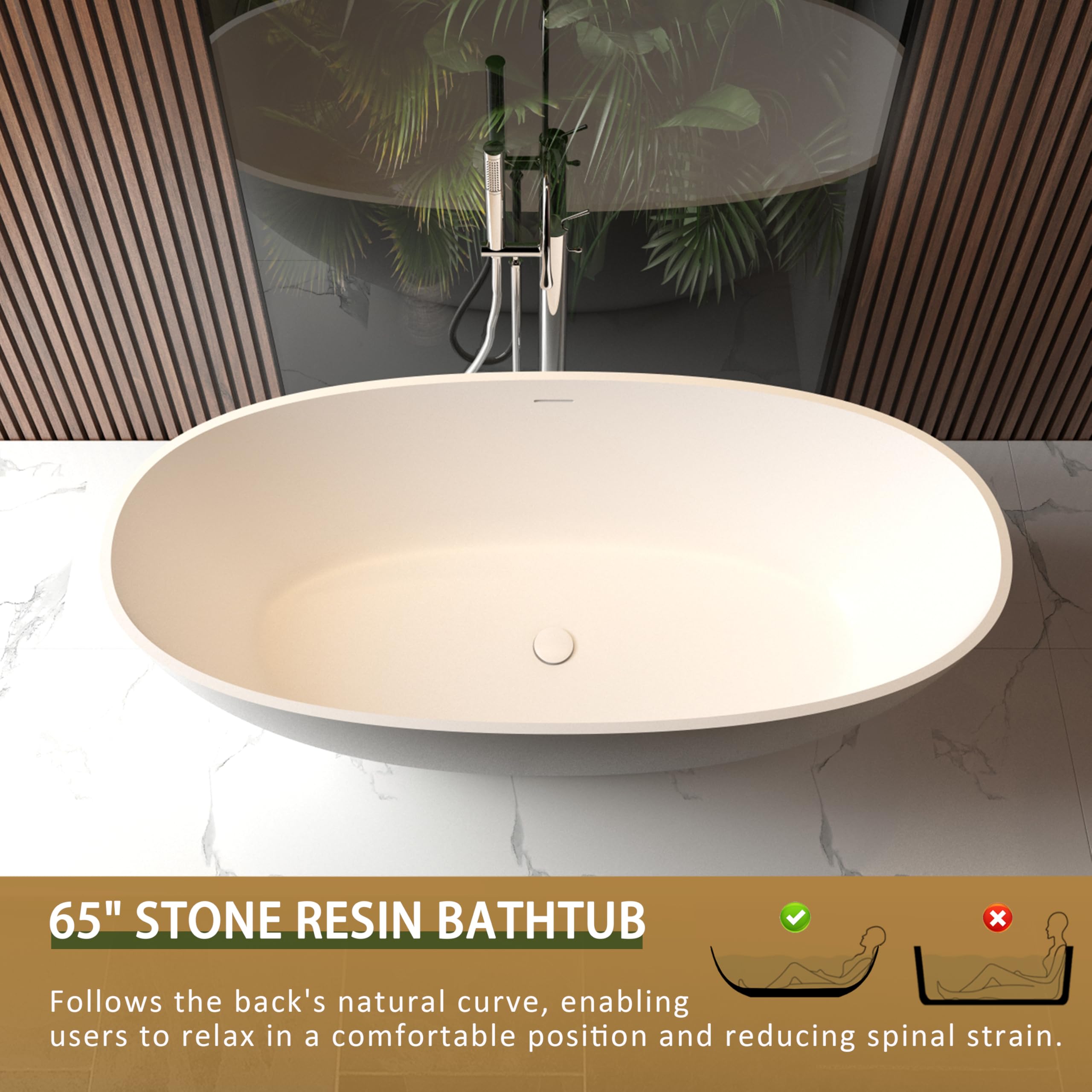 GDFStudio 65" Freestanding Solid Surface Bathtub, Handcrafted Stone Resin Soaking Tub with Overflow and Pop-up Drain, Matte White Luxury Bathtub, Ergonomic Design, 57.6-Gallon Capacity