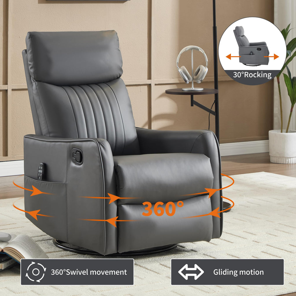 KEIKI 4-in-1 Manual Swivel Rocker Recliner Chair for Living Room, Faux Leather Nursery Glider Rocking Chairs with Back Massager & Heat, Built for RV Travel Living and Mobile Home, Grey