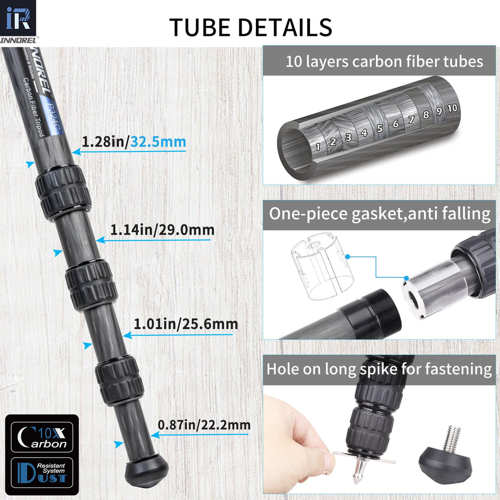 INNOREL P324C 65.6" Carbon Fiber Tripod for Hunting, 360° Rotating Ball Head(1.7"),with Arca Swiss Dovetail Mount,55lb/25kg Load, 32mm Tube Stable Tripod for Photography and Outdoors