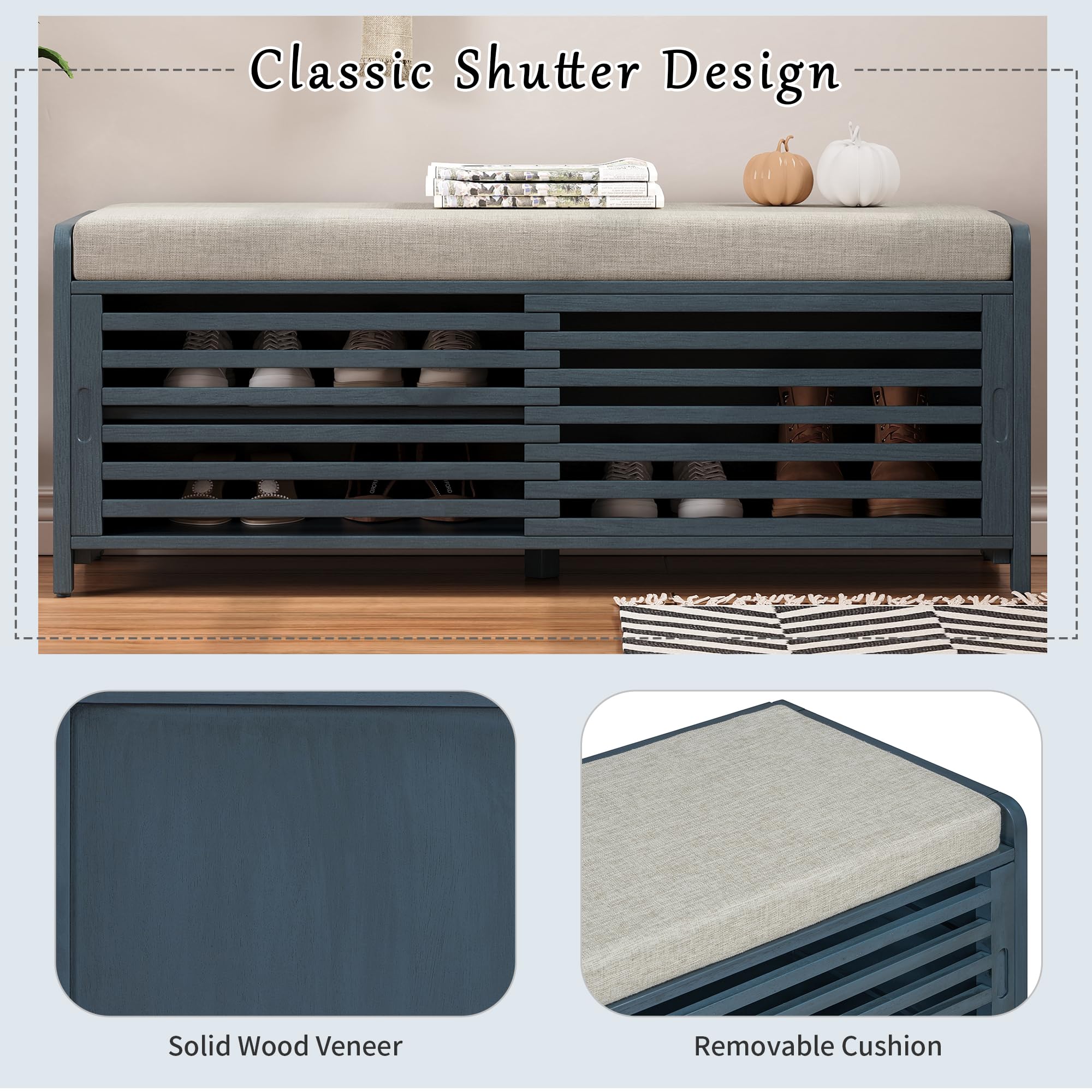 Ball & Cast Entryway Storage Bench with Shutter Doors, 43.3" Wooden Shoes Organizer, Modern Movable Upholstered Seat Entryway Shoe Rack Cabinet for Hallway Living Room, Navy Blue