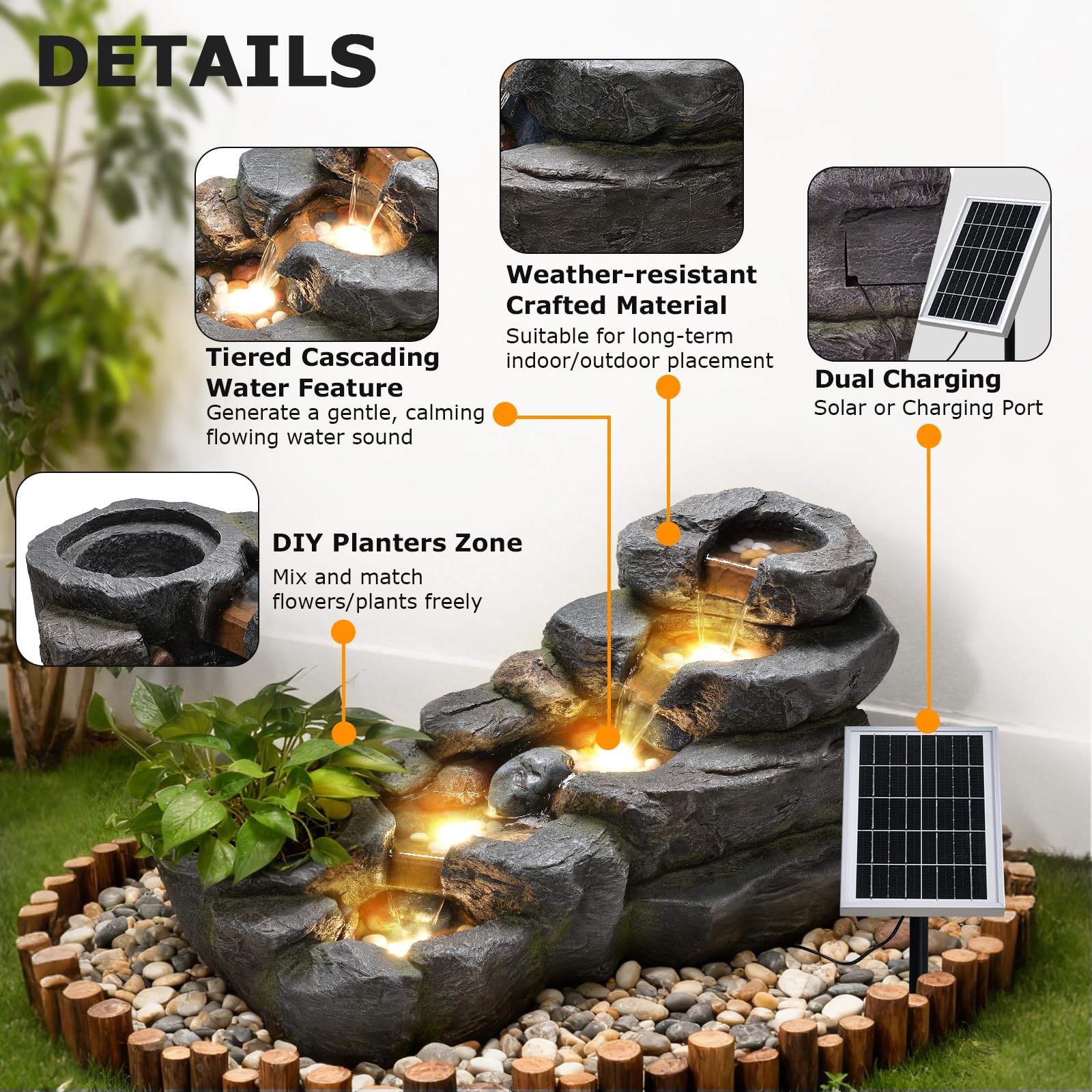 Pivotify 5-Tier Solar Water Fountain Outdoor, 38.2" L Rock Waterfall Fountains Solar Powered Floor Standing Outdoor Water Feature with LED Lights for Patio, Garden,Porch, Yard, Home Art Decor（Grey）