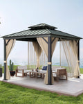 10x10 FT Double Metal Roof Hardtop Gazebo, All-Weather Outdoor Patio Pavilion with Aluminum Iron Frame, Mosquito Netting and Privacy Curtains, Permanent Shelter for Garden Deck Lawn Backyard