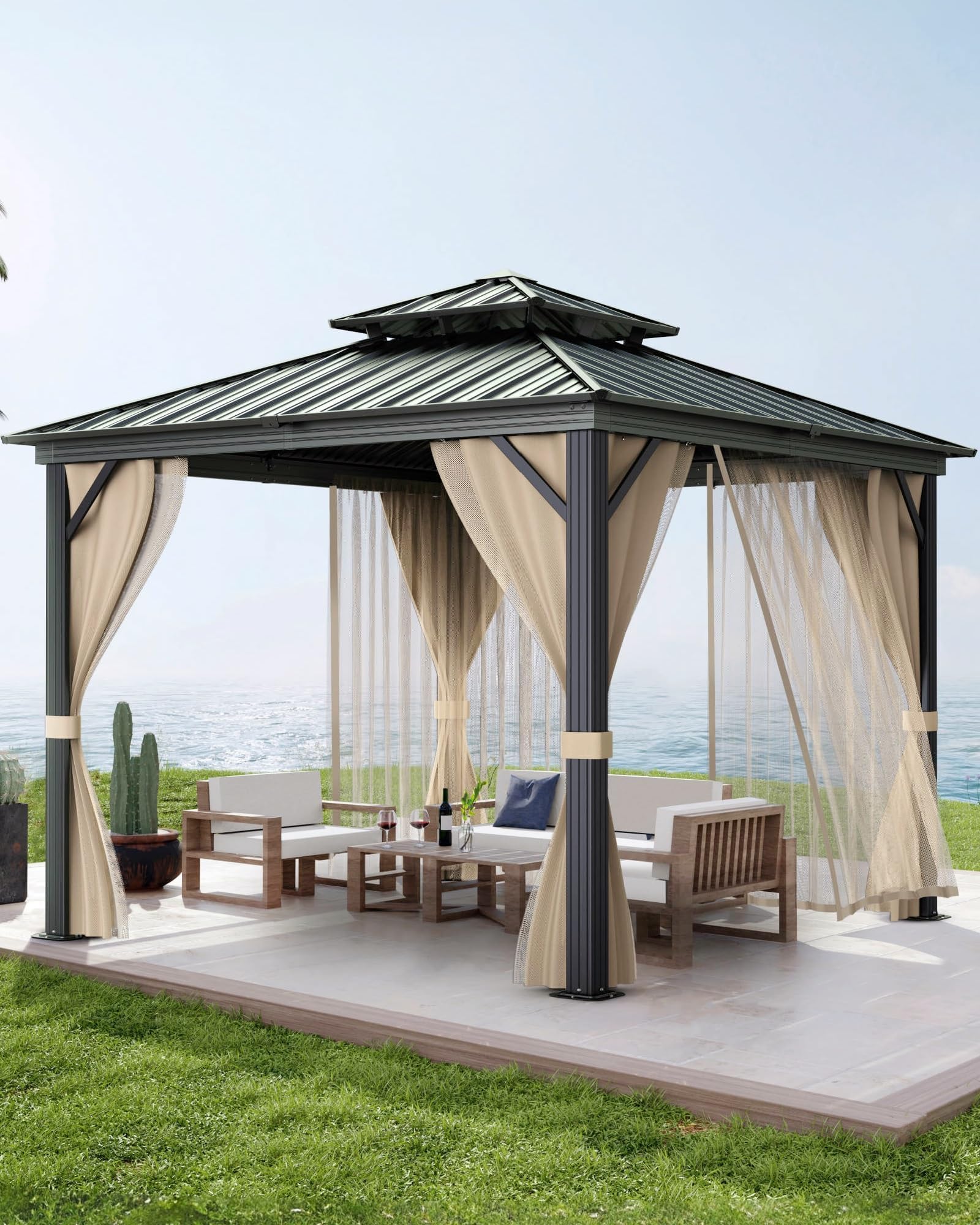 10x10 FT Double Metal Roof Hardtop Gazebo, All-Weather Outdoor Patio Pavilion with Aluminum Iron Frame, Mosquito Netting and Privacy Curtains, Permanent Shelter for Garden Deck Lawn Backyard