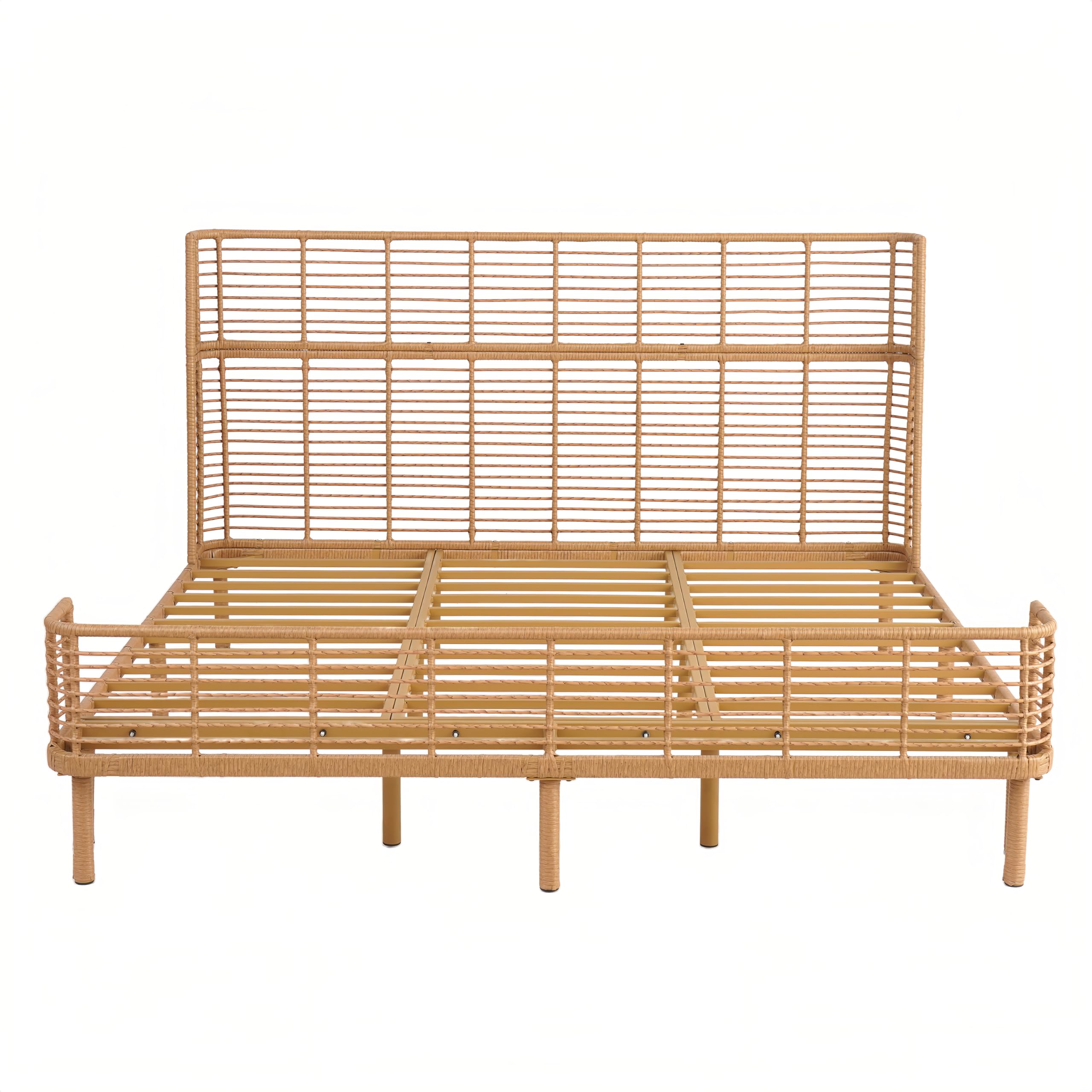Christopher Knight Home Lamar Boho Rattan King Bed Frame and Headboard, Farmhouse PE Wicker King Size Bed Frame, Metal King Platform Bed Frame, No Box Spring Needed, Easy Assembly, Natural Finish