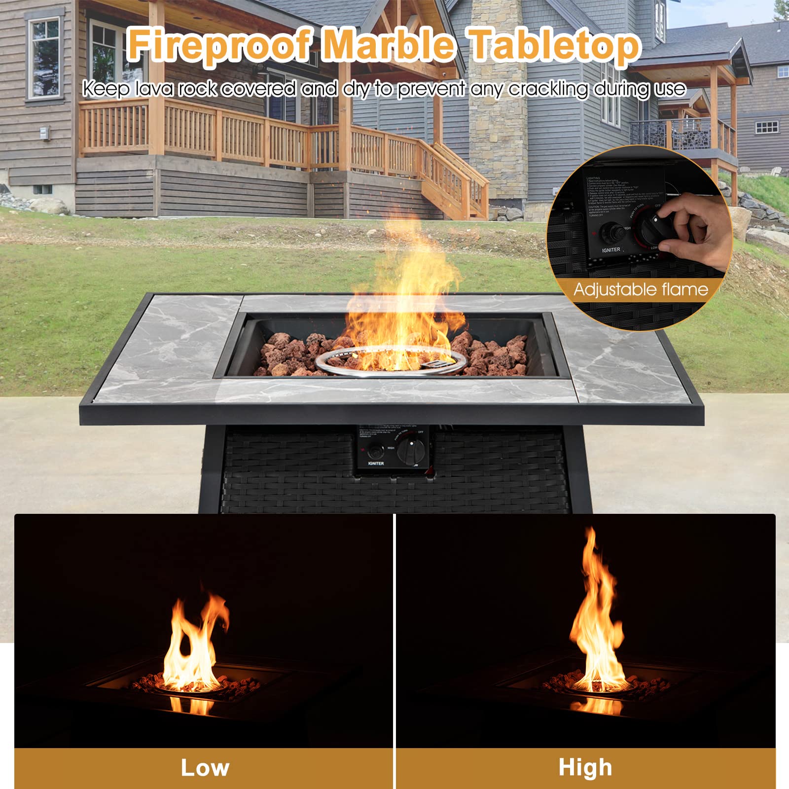 COSTWAY 35" Propane Gas Fire Pit Table, 50,000 BTU Auto-Ignition Propane Fire Pit with Lid, Lava Rocks and PVC Cover, Outdoor PE Rattan Fire Pit Table for Poolside, Garden, Balcony, ETL Certification