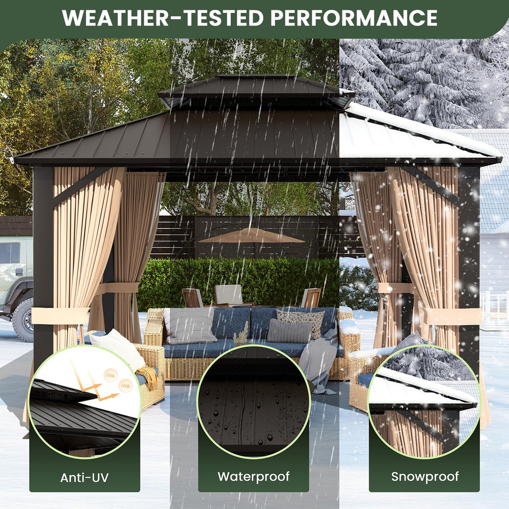 SOLUMIA 10’x12’ Hardtop Gazebo, Galvanized Steel Double Roof Canopy with Aluminum Frame, Outdoor Pavilion with Nettings and Curtains