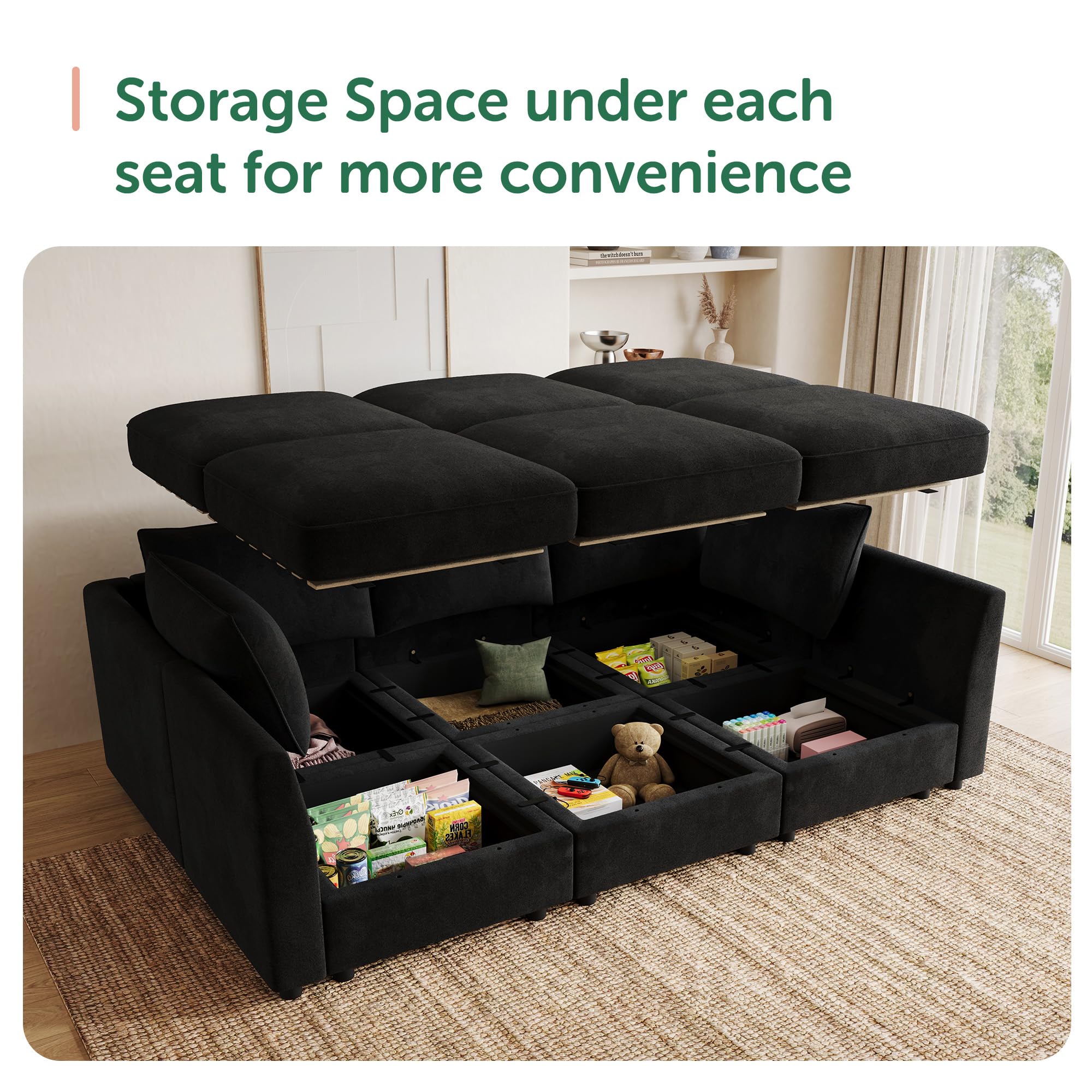 HONBAY Modular Sectional Couch Velvet Sleeper Sofa with Storage Seat Sectional Couches for Living Room,Black