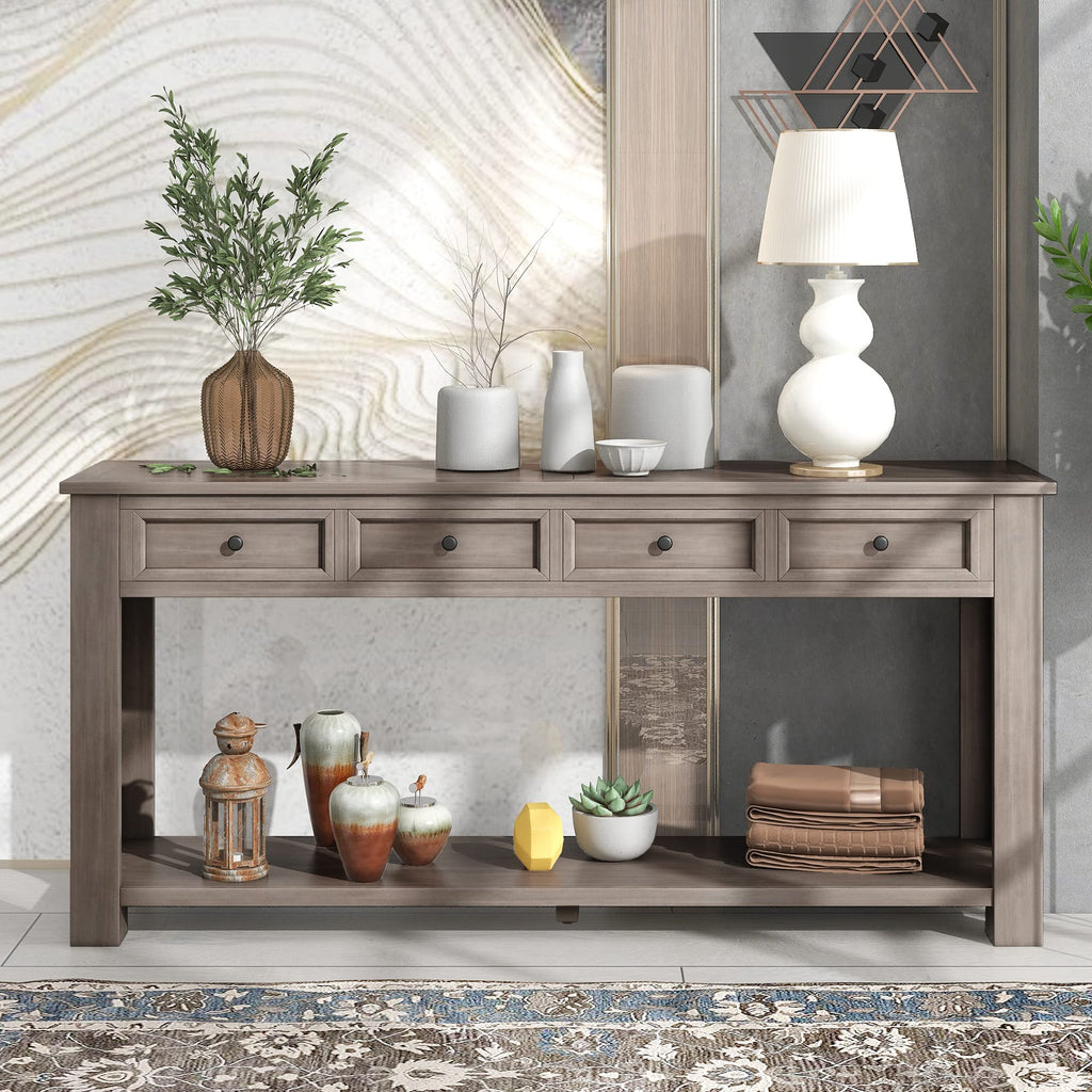 Jintop Solid Wood Console Sofa Table with 4 Drawers and Tabletop,Bottom Shelf for Entryway Hallway or Living Room,Space Saving,Easy to Assemble,Gray Wash,63" L×14" W×30" H