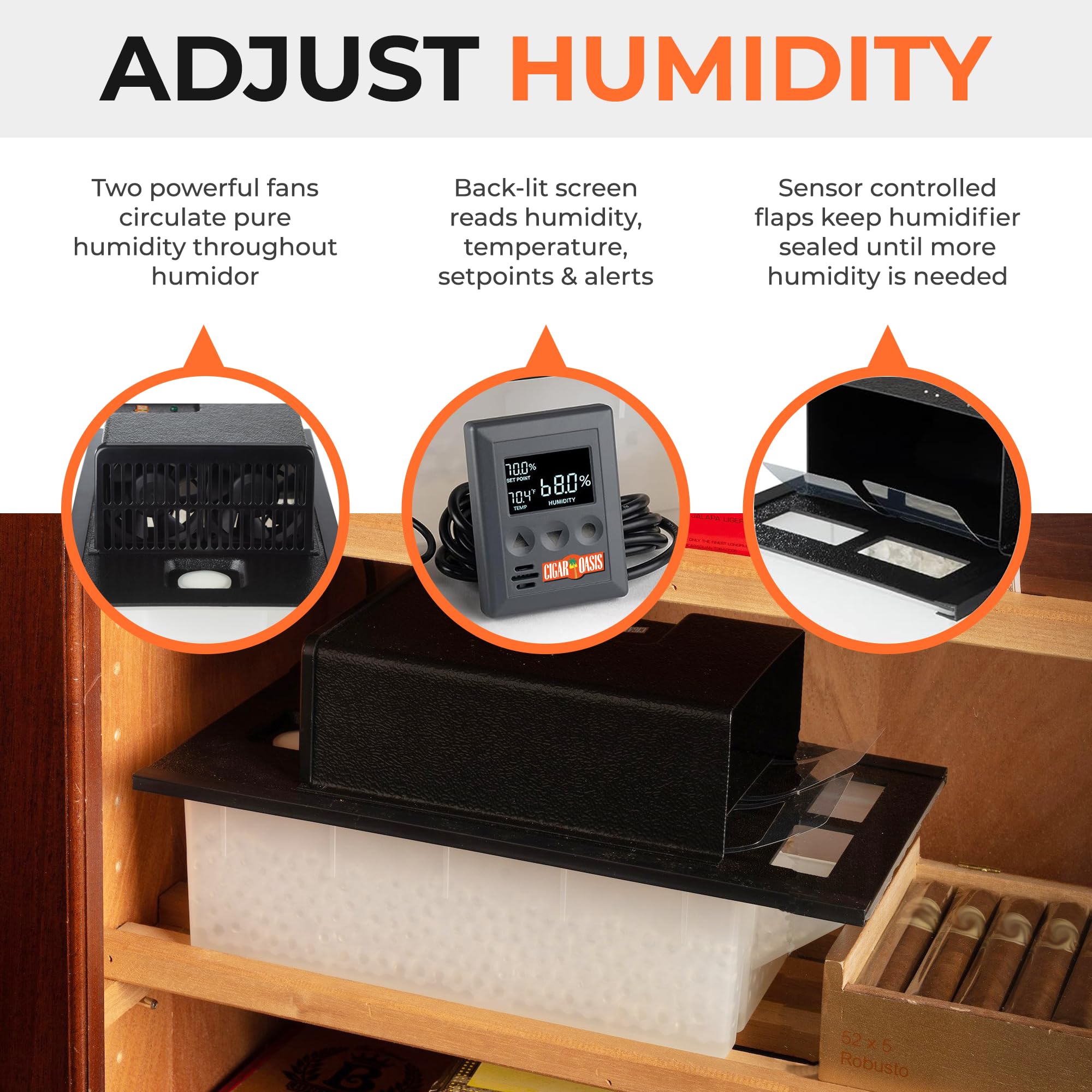 Cigar Oasis Magna 3.0 Cigar Humidor Humidifier - Electric Humidifier for Cigars - LCD Humidity & Temperature Display - Efficient Sensor Controlled Fan - Soft-Touch Button - 10-50 Cubic Ft Cabinet