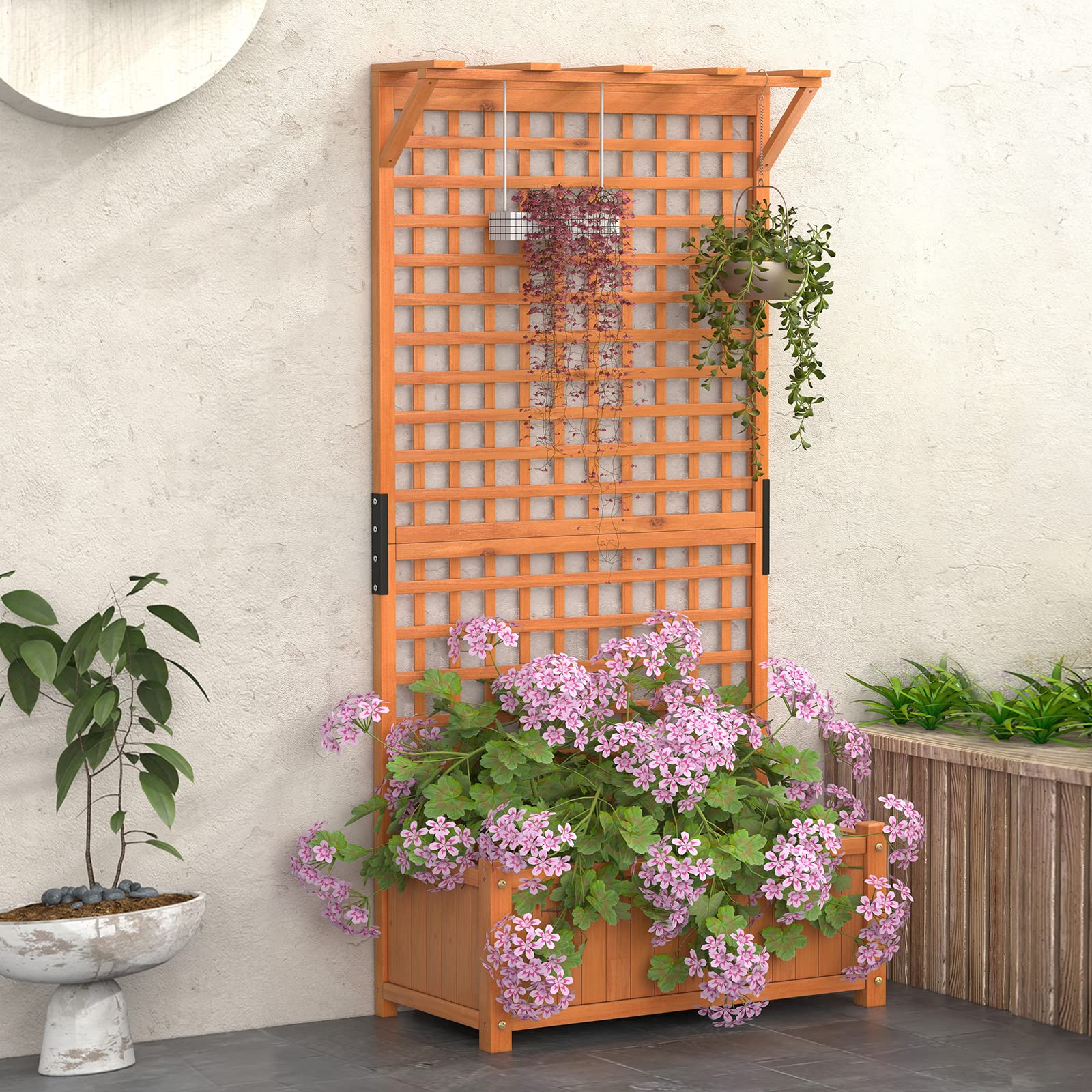 Giantex 2 Pcs Raised Garden Bed with Trellis & Roof, 72.5" Wooden Garden Bed, High Trellis for Plant Flower Climbing Pot Hanging, Indoor & Outdoor Planter Box for Yard, Garden, Balcony