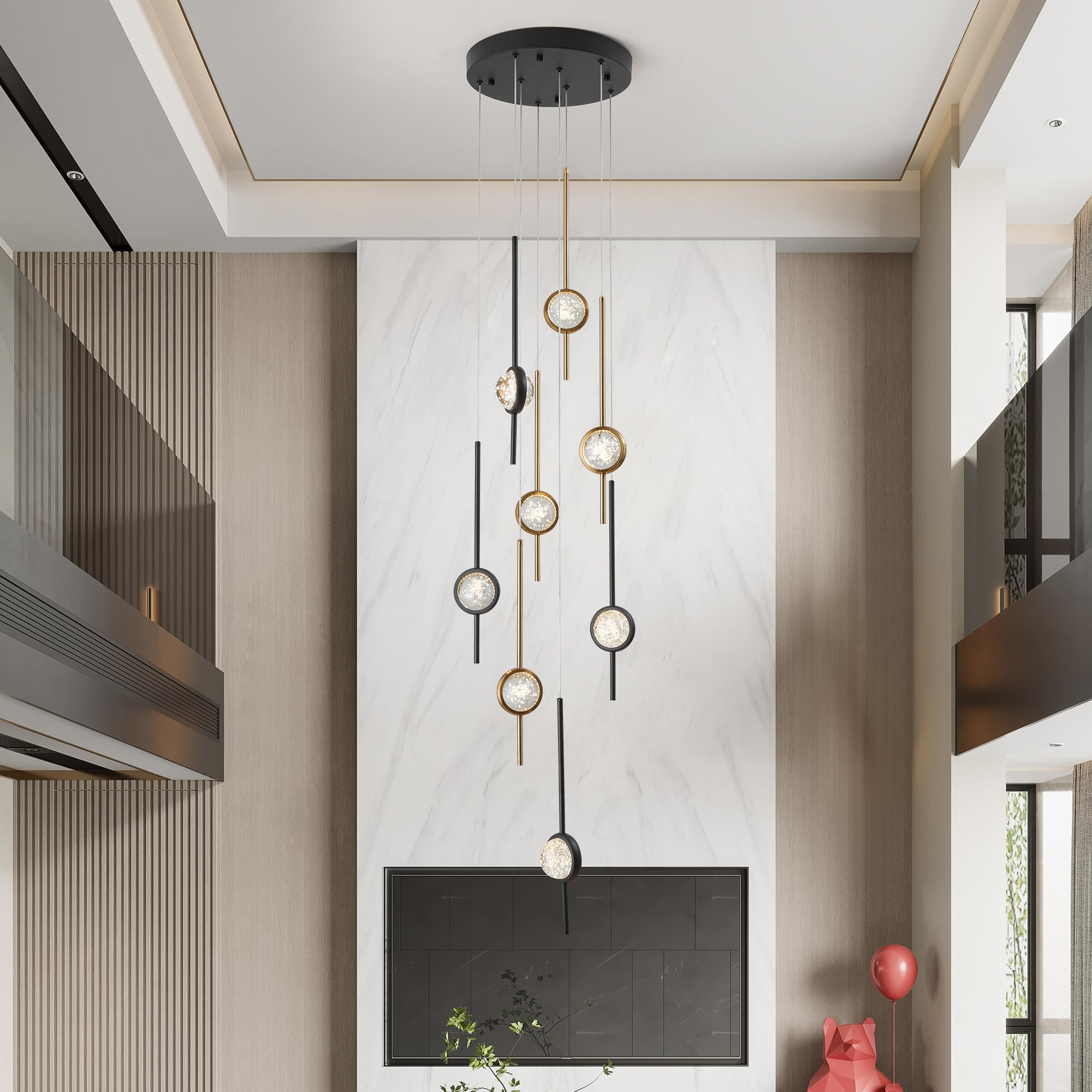 Voerqi 8-Light Chandelier,Crystal Globe Ball Bubble Chandelier with Special Black Gold pins.Black and Gold Chandelier for Spiral Staircase, Foyer, Entryway,High Ceiling (24W)