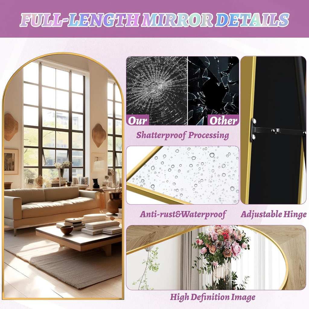 LadyNow Full Length Mirror, 41"x81" Arched Floor Mirror Freestanding, Floor Standing Full Body Mirror with Stand for Bedroom, Hanging Mounted for Living Room Cloakroom, Gold