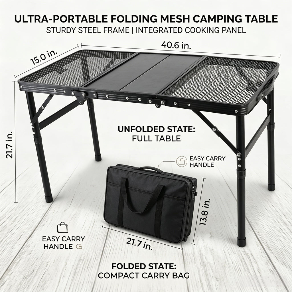 Portable Folding Aluminum Camping Table — IGT-Compatible Modular Camp Kitchen Table, Carbon Steel Mesh Top with Tactical Hooks & Carry Bag, for Camping Picnic Tailgating BBQ Outdoor Cooking