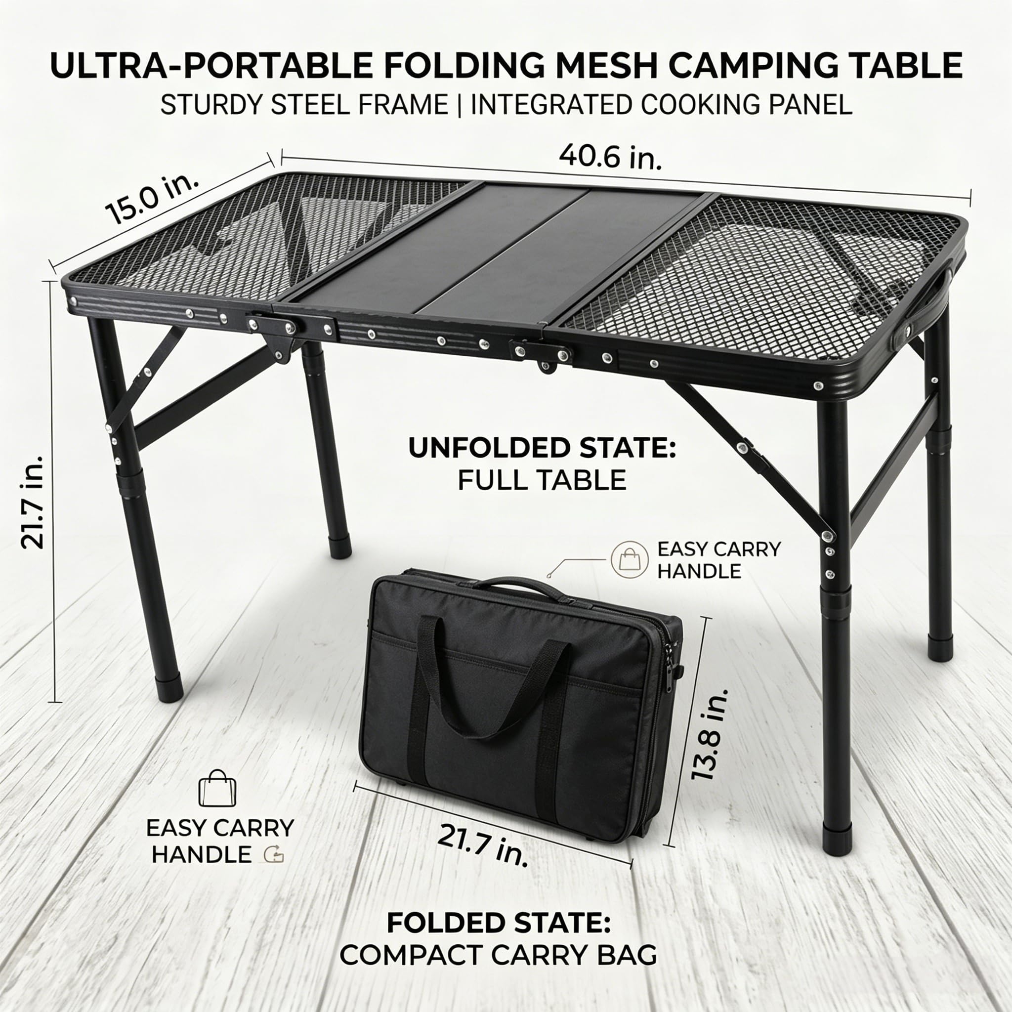 Portable Folding Aluminum Camping Table — IGT-Compatible Modular Camp Kitchen Table, Carbon Steel Mesh Top with Tactical Hooks & Carry Bag, for Camping Picnic Tailgating BBQ Outdoor Cooking