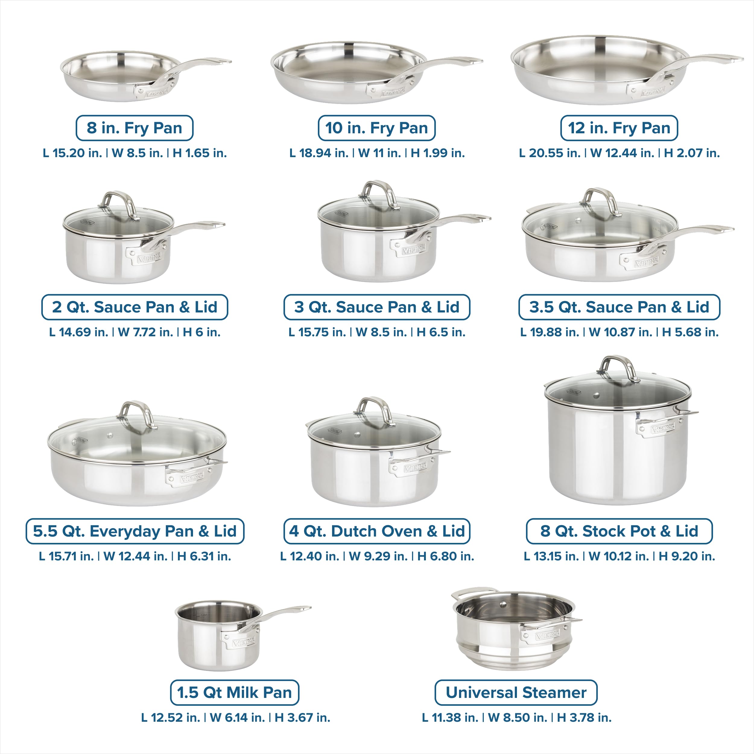 Viking 3-Ply Pots and Pans Set, 17 Piece Stainless Steel Cookware Glass Lids, Steamer Insert, Silver