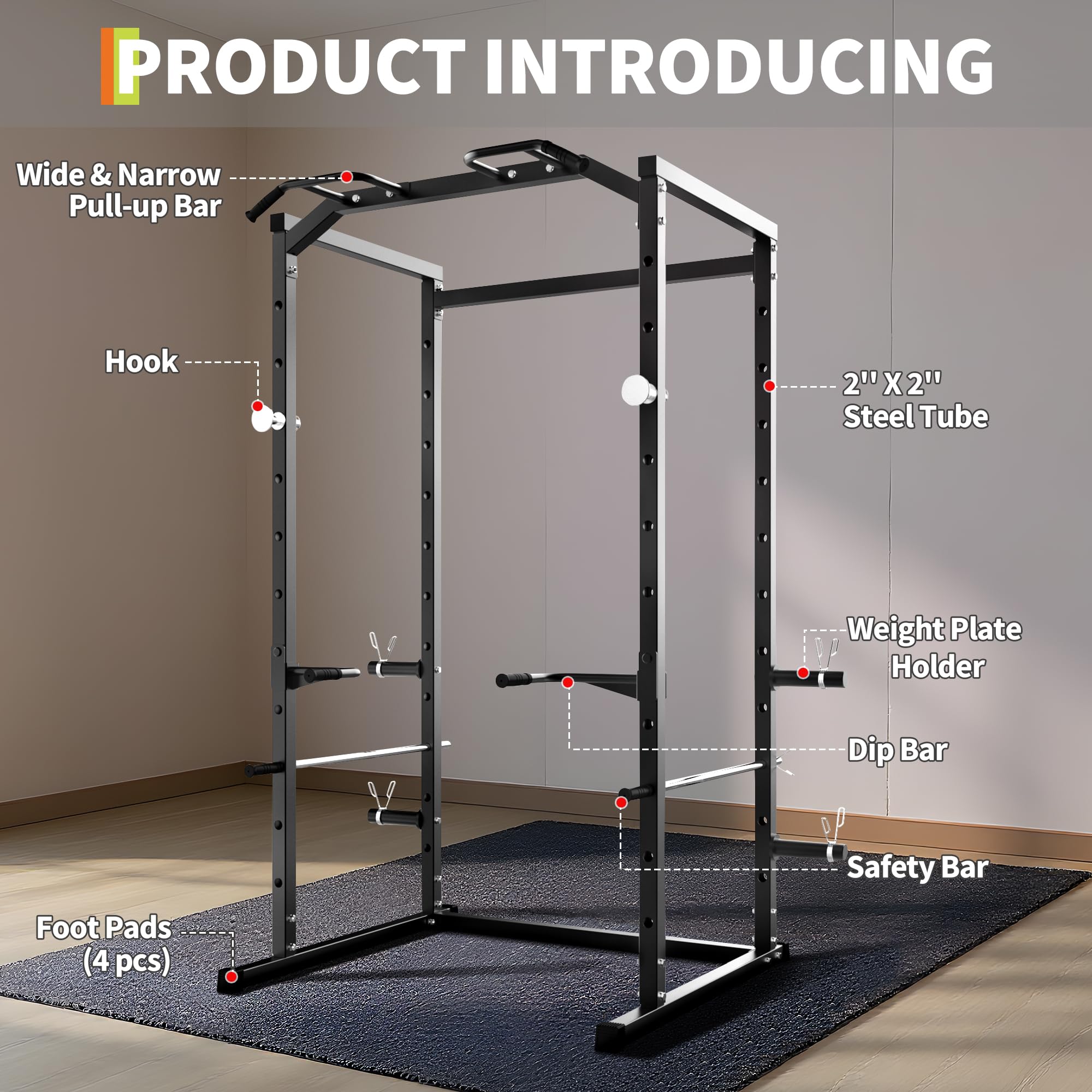 ActiveTrail Heavy-Duty Power Cage with Pull-Up Bar, 1100LB Capacity Squat Rack for Home Gym Strength Training with Adjustable j-Hooks & Safety Bars