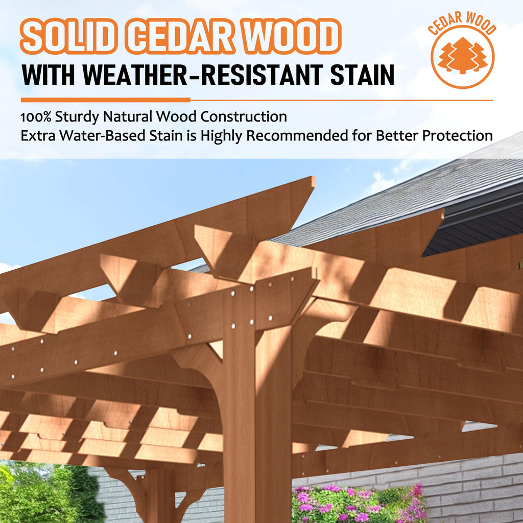 BlueWish 12’ x 14’ Cedar Wood Patio Pergola with Slatted Trellis Roof, Outdoor Pergola Backyard Gazebo with Solid Structure for Deck Yard Grill Party Garden
