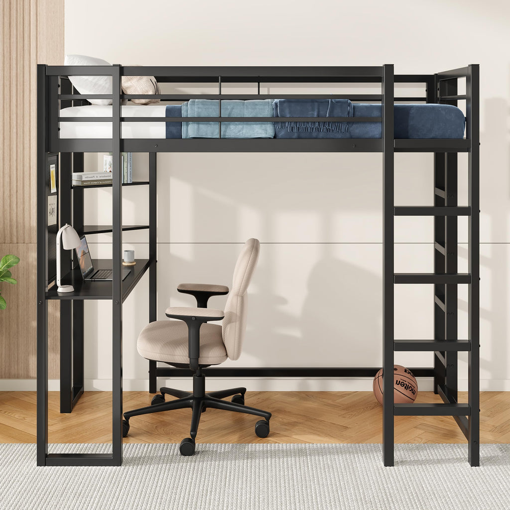 KEIKI Twin Size Loft Bed with Desk, 2 Side Ladders, Storage Shelves, Safety Guardrail, No Box Spring Needed, Space-Saving Metal Loft Bed Frame for Kids/Teens/Adults