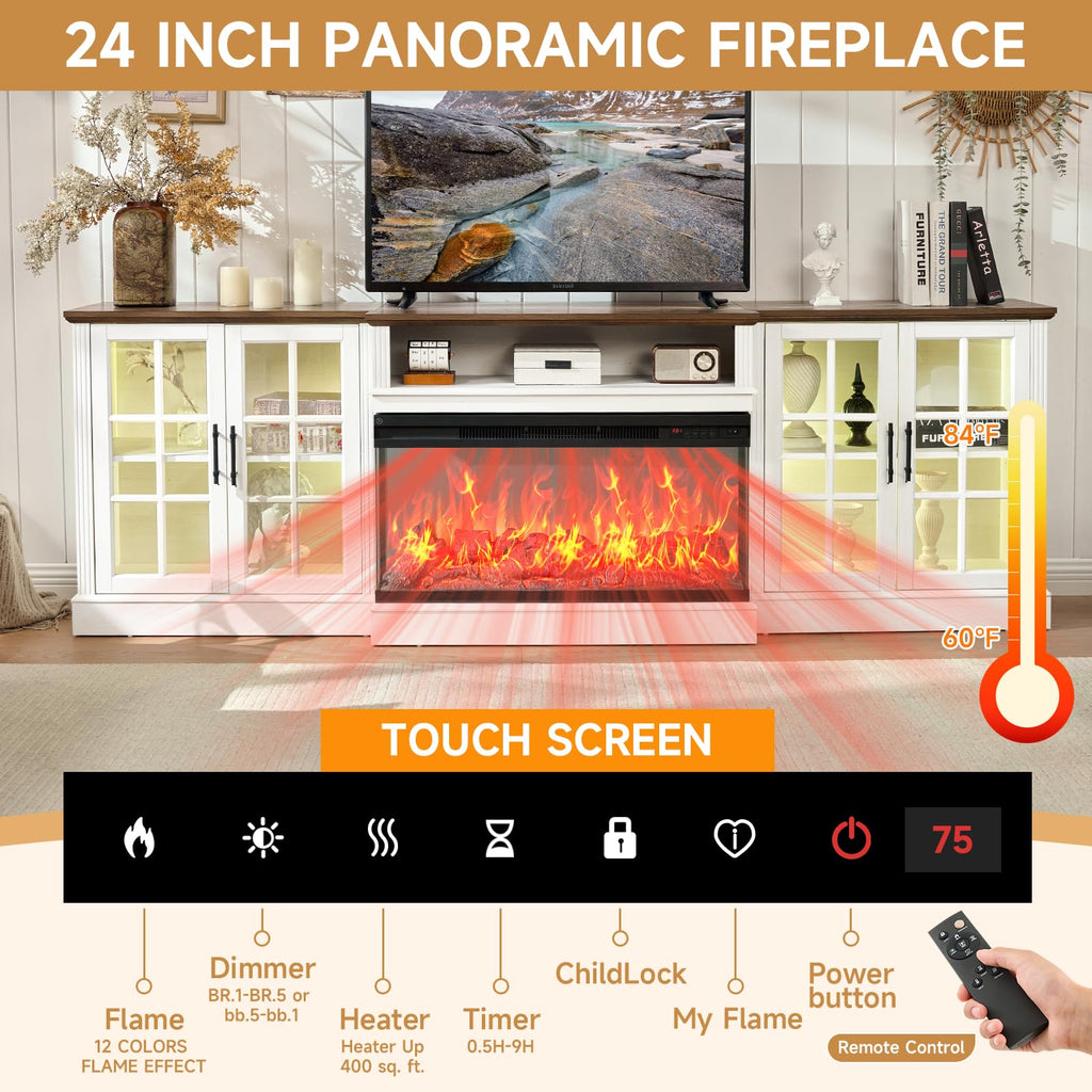 ROCKPOINT 97" Farmhouse Fireplace TV Stand with 3 Sided Glass 36" Electric Fireplace Heater for TVs up to 100", Media Entertainment Center with Adjustable Shelves and Large Storage Cabinets,White