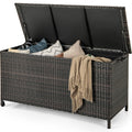 TANGZON 320L Garden Deck Box, Patio Cabinet Container with Polyester Liner, Universal Wheels & Gas Strut, Indoor Outdoor Storage Box for Pillows, Cushions & Tools (with Regularly-Woven Rattan, Brown)