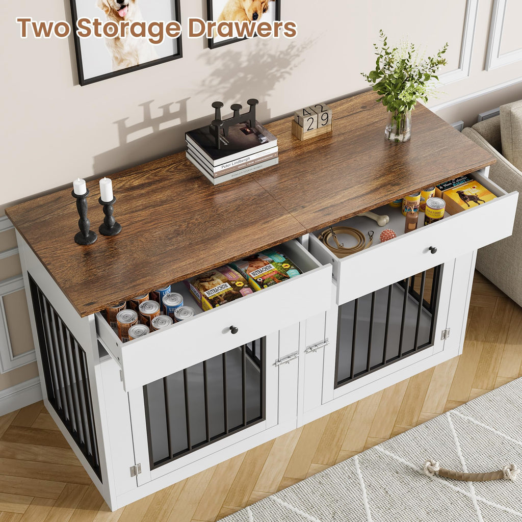 Dog Crate Furniture for 2 Dogs, 60" Farmhouse Dog Kennel Furniture with 2 Large Drawers, Indoor Dog Cage & TV Stand, Wooden Double Dog Crates for Small Medium Dogs, White