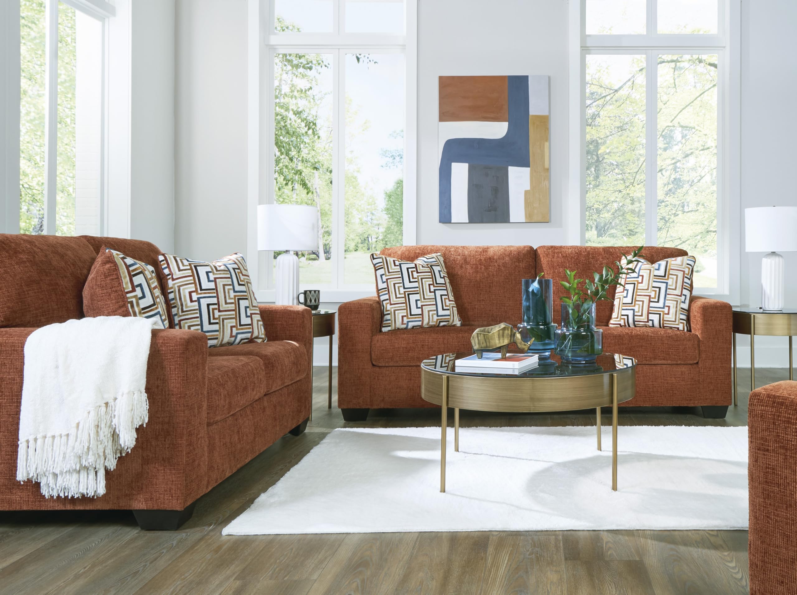 Signature Design by Ashley Aviemore Contemporary Sofa Sleeper with Folding Memory Foam Mattress and 2 Accent Pillows, Queen, Orange