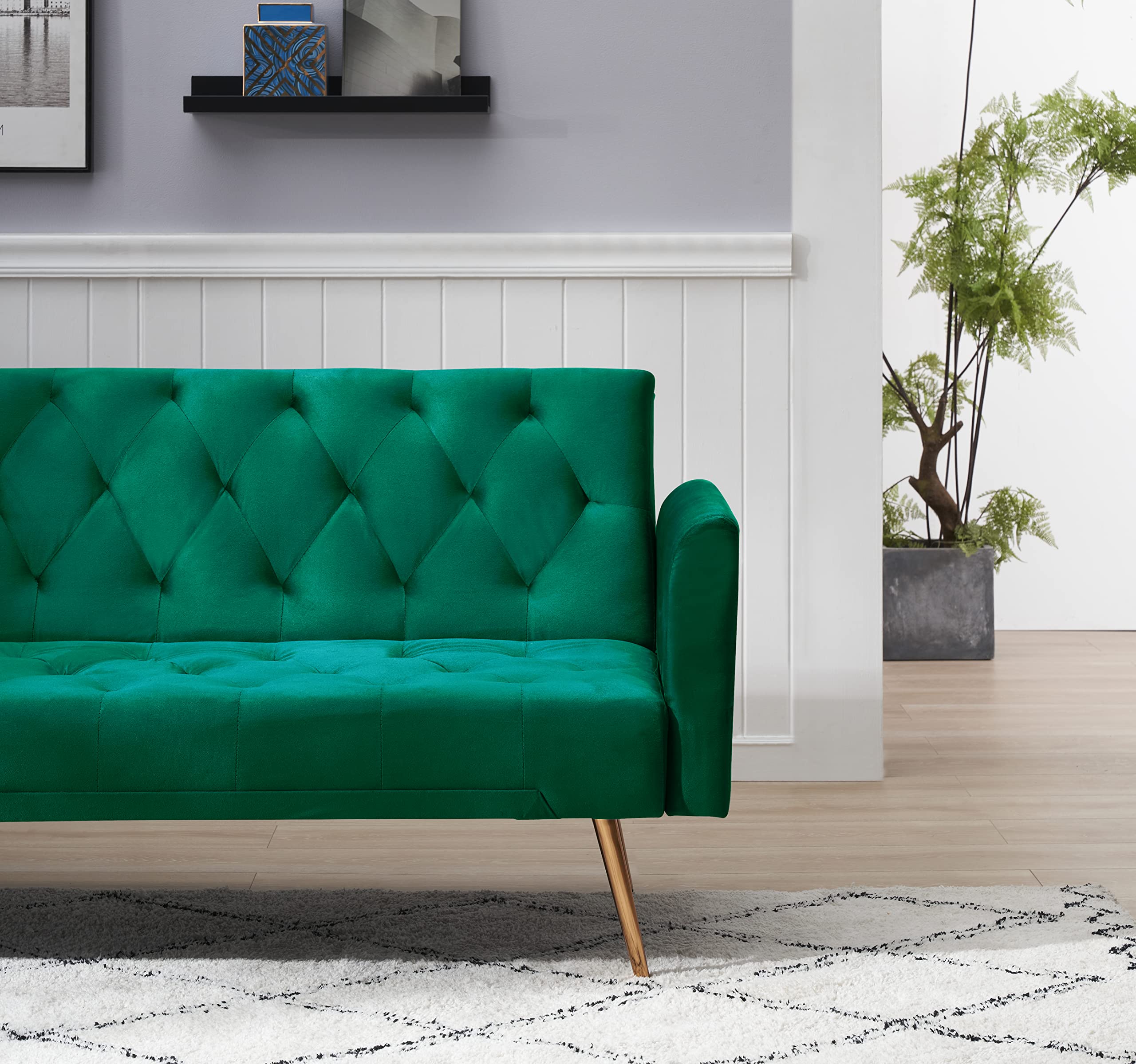 ERYE 71-Inch Soft Velvet Futon Sofa Bed Upholstered Tufted Futon Daybed W/Golden Leg & 2 Pillows,Modern Loveseat Couch Convertible Sleeper Sofabed for Home Apartment Office