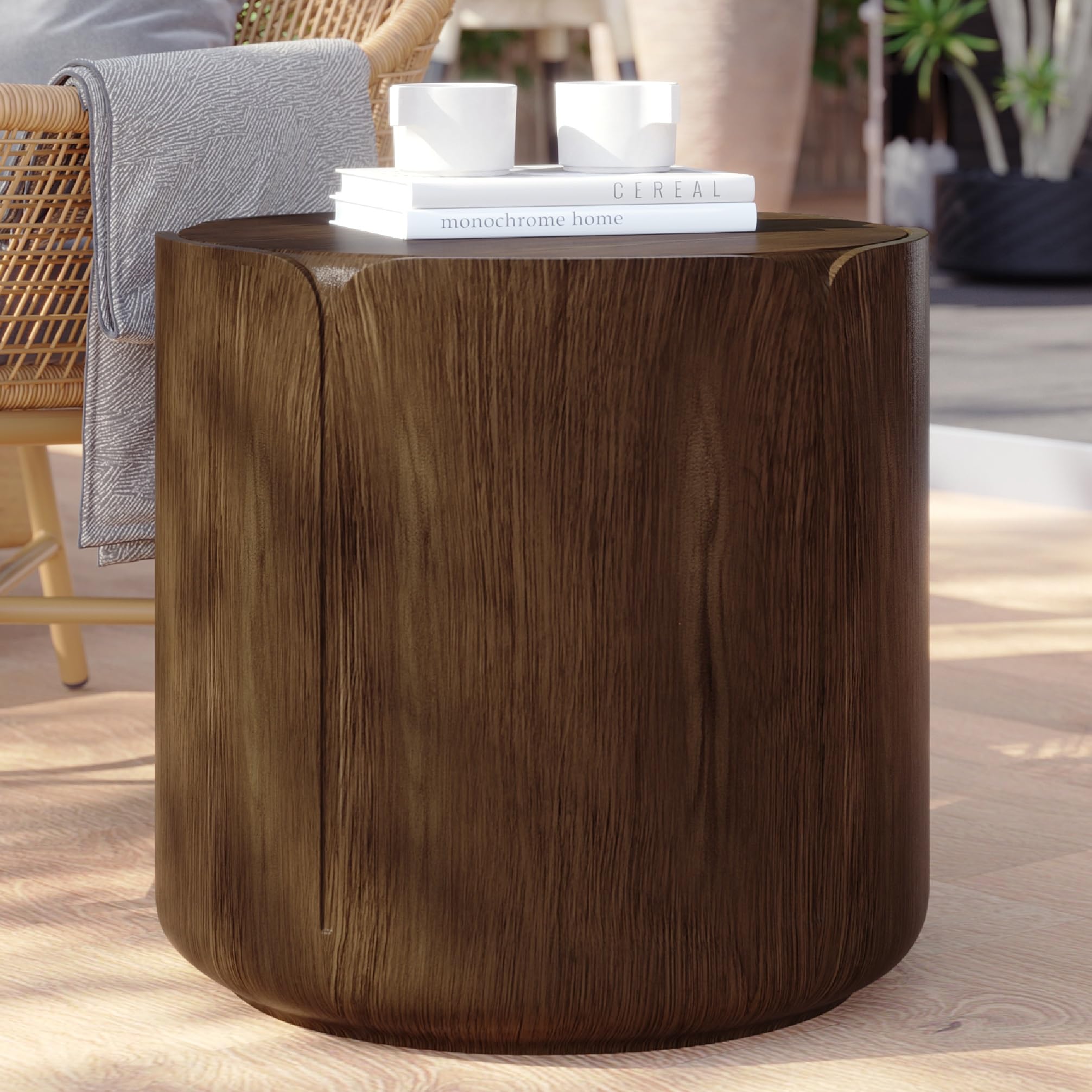 KEIKI Round MGO Outdoor Indoor Coffee Table, Mid Century Modern Side Table with Pedestal & Tabletop, Small Waterproof Center Drink End Tables for Patio Garden Living Room, No Assembly Required, Walnut