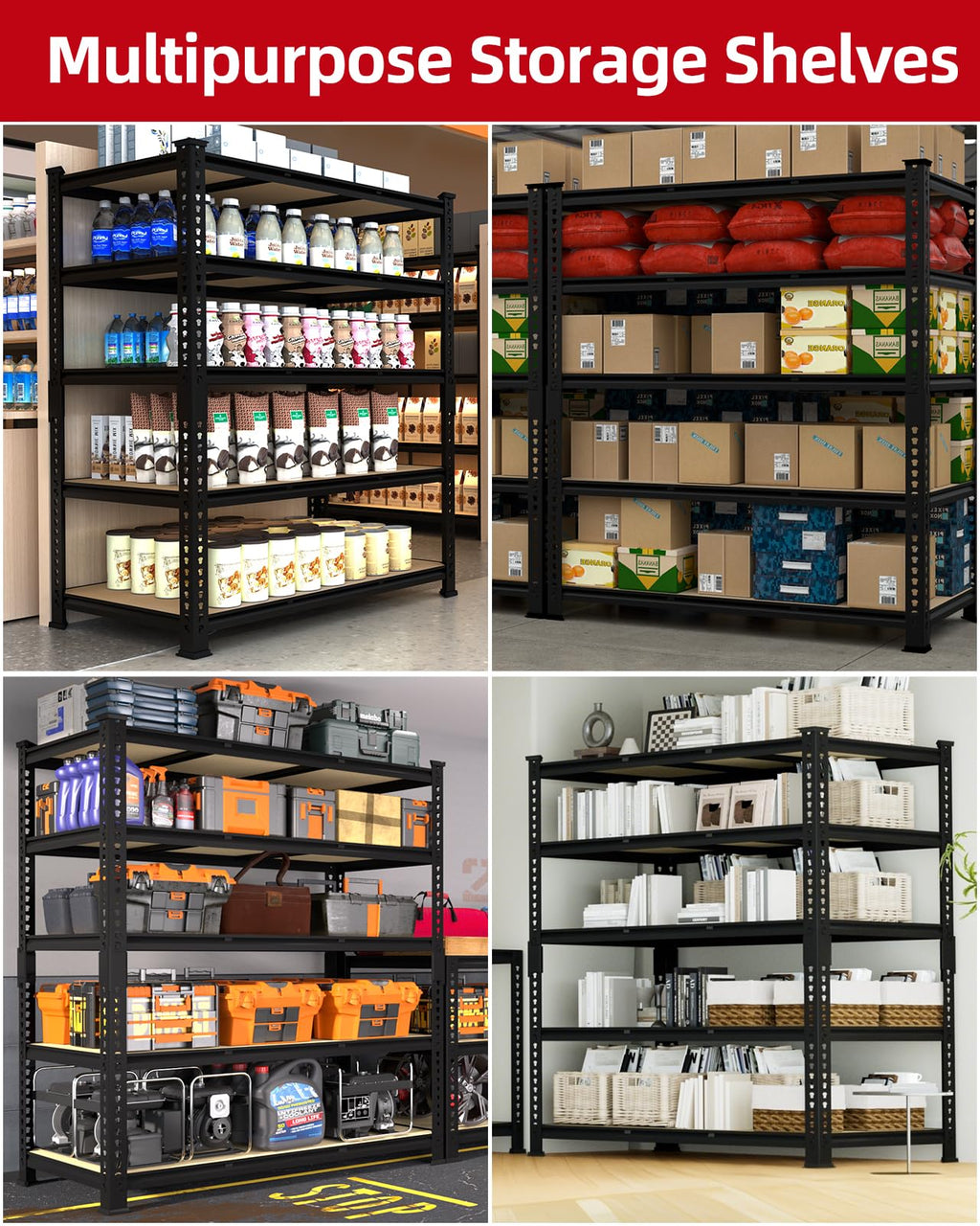 PrimeZone Heavy Duty Garage Storage Shelves - 48" W X 24" D X 72" H Adjustable Metal Shelving Unit, 5 Tier Industrial Shelves for Storage Standing Utility Rack for Warehouse, Basement, Black, 2 Pack