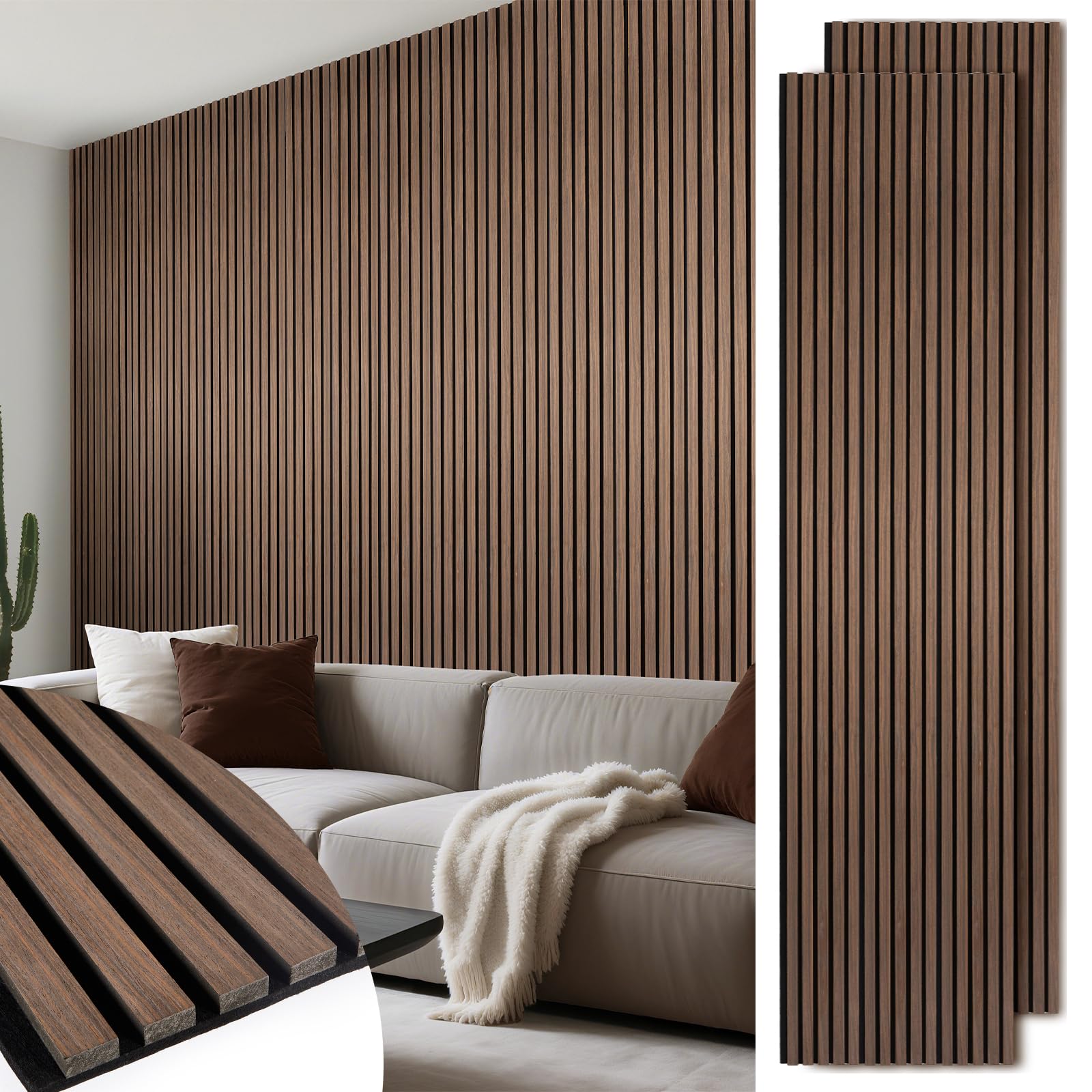 LARWORKS Wood Slat Wall Panels 2 Pack 106" x 23.6", Acoustic Wooden Panel for Wall, Soundproof 3D Fluted Panels for Interior Wall Decor, Living Room, Bedroom - Walnut (Cover Approx.35 sq.ft)