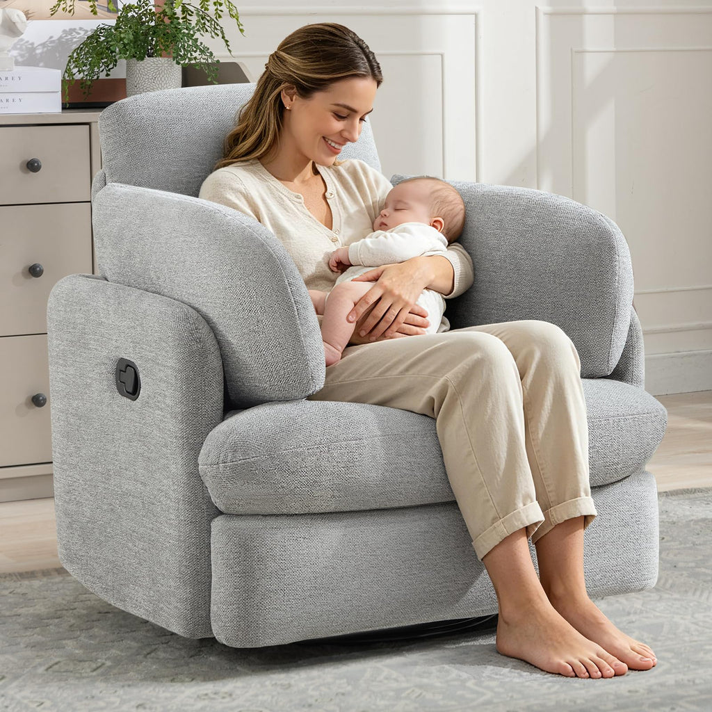 Bonzy Home Manual Recliner Chair, 360°Swivel Rocker Recliner Chair for Adults, Overstuffed Nursery Rocking Reclining Sofa with 2 Pillows and Hidden Storage, Light Grey