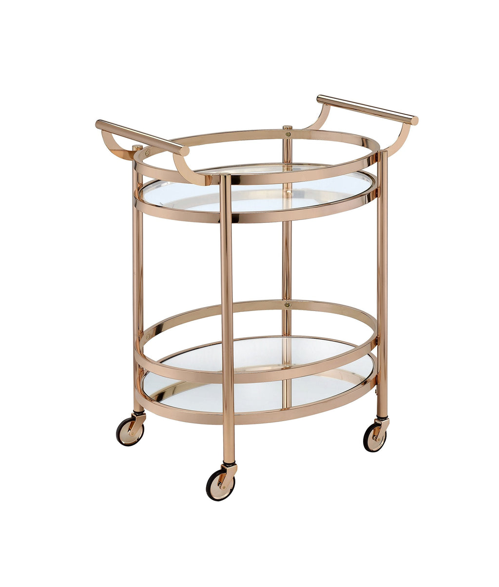 CNPOP Modern Clear Glass & Rose Gold Bar Cart with Wheels, Oval Serving Cart with 2-Tier Shelves & Metal Frame, Mirrored Bottom Shelf, Rolling Drink Cart for Kitchen, Dining Room & Living Room
