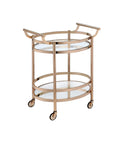 CNPOP Modern Clear Glass & Rose Gold Bar Cart with Wheels, Oval Serving Cart with 2-Tier Shelves & Metal Frame, Mirrored Bottom Shelf, Rolling Drink Cart for Kitchen, Dining Room & Living Room