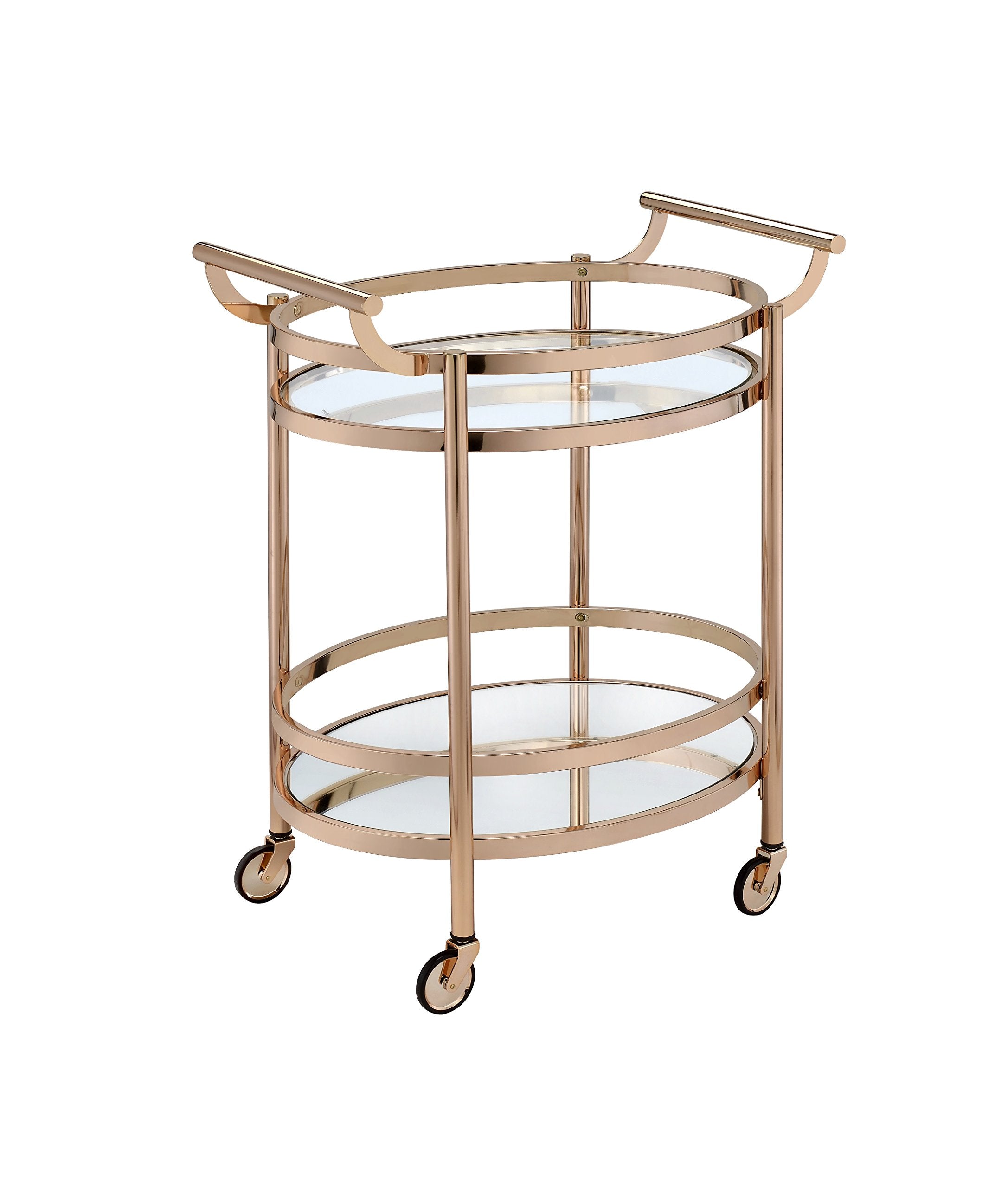 CNPOP Modern Clear Glass & Rose Gold Bar Cart with Wheels, Oval Serving Cart with 2-Tier Shelves & Metal Frame, Mirrored Bottom Shelf, Rolling Drink Cart for Kitchen, Dining Room & Living Room