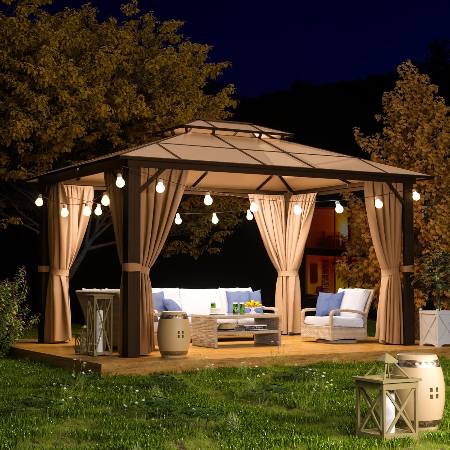Hardtop Gazebo, Aluminum Frame Permanent Pavilion with Curtains and Netting, Outdoor Polycarbonate Gazebo, Double Roof Canopy, for Gardens, Patios, Lawns 10x12FT