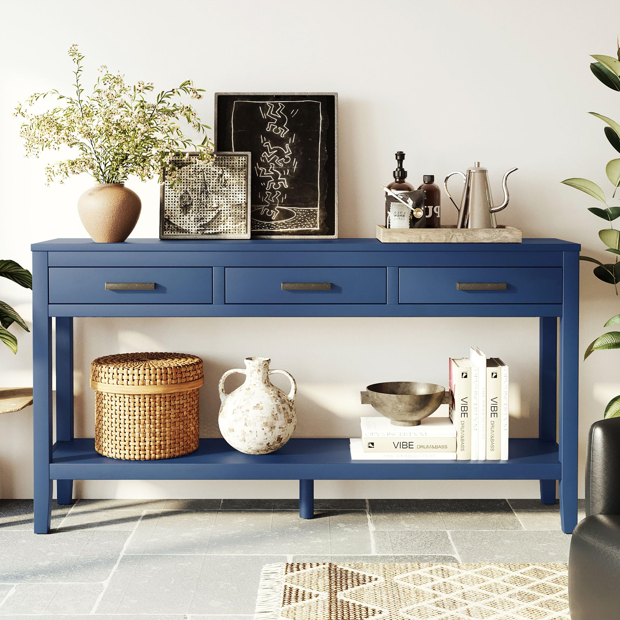 Merax Entryway Console Table, with 3 Storage Drawers, Bottom Shelf Design/Wood Frame/Behind Couch & Sofa, Blue