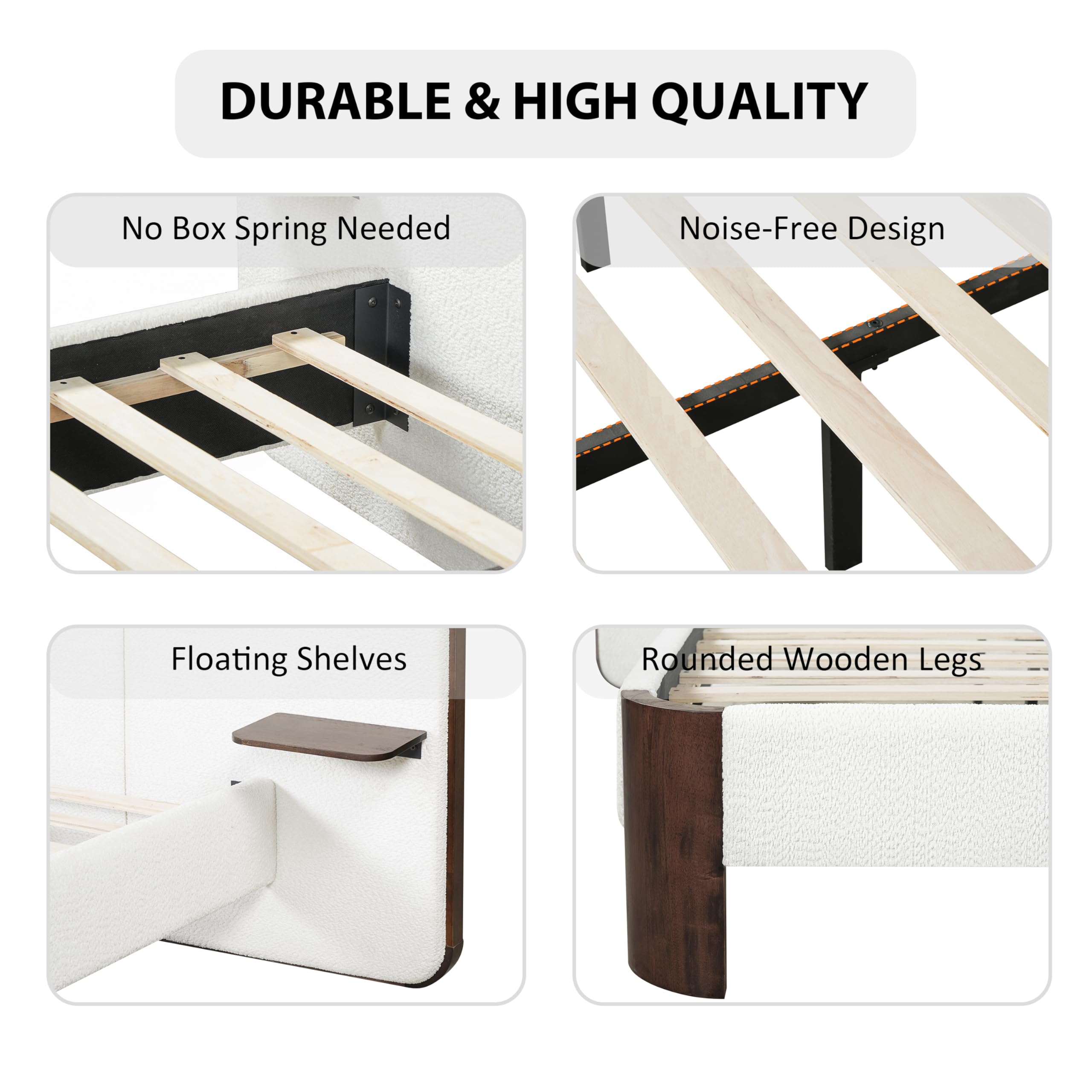 Merax King Size Upholstered Platform Bed Frame with Large Curved Headboard,Built-in Floating Shelves,Wood Slats and Metal Support for Bedroom,Noise-Free