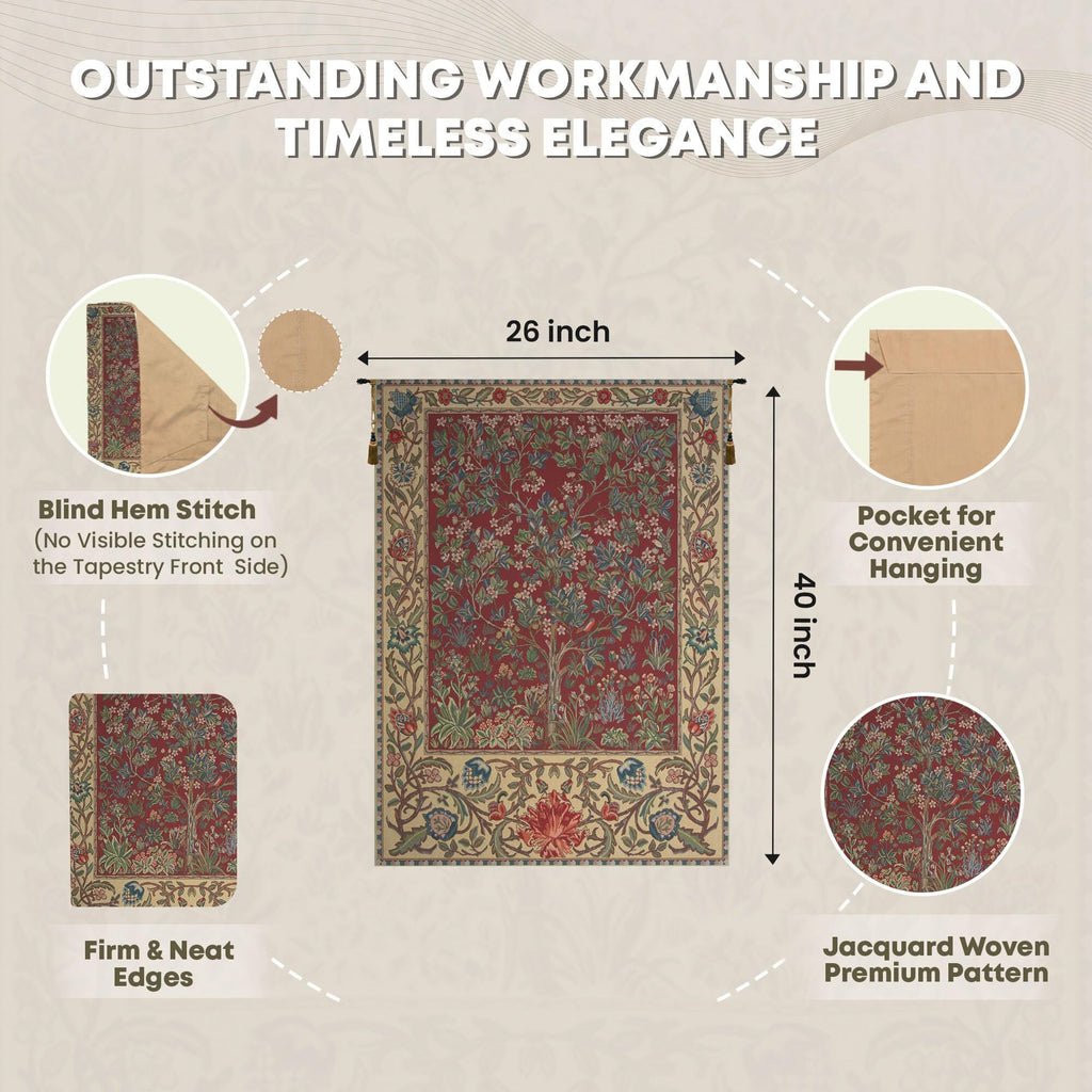 C Charlotte Home Furnishings Inc Tree Of Life Red Belgian Medium Tapestry Wall Hanging | Viscose Cotton and Polyester Blend Wall Art | 26 in. x 40 in. | Home Decor Accents | By William Morris