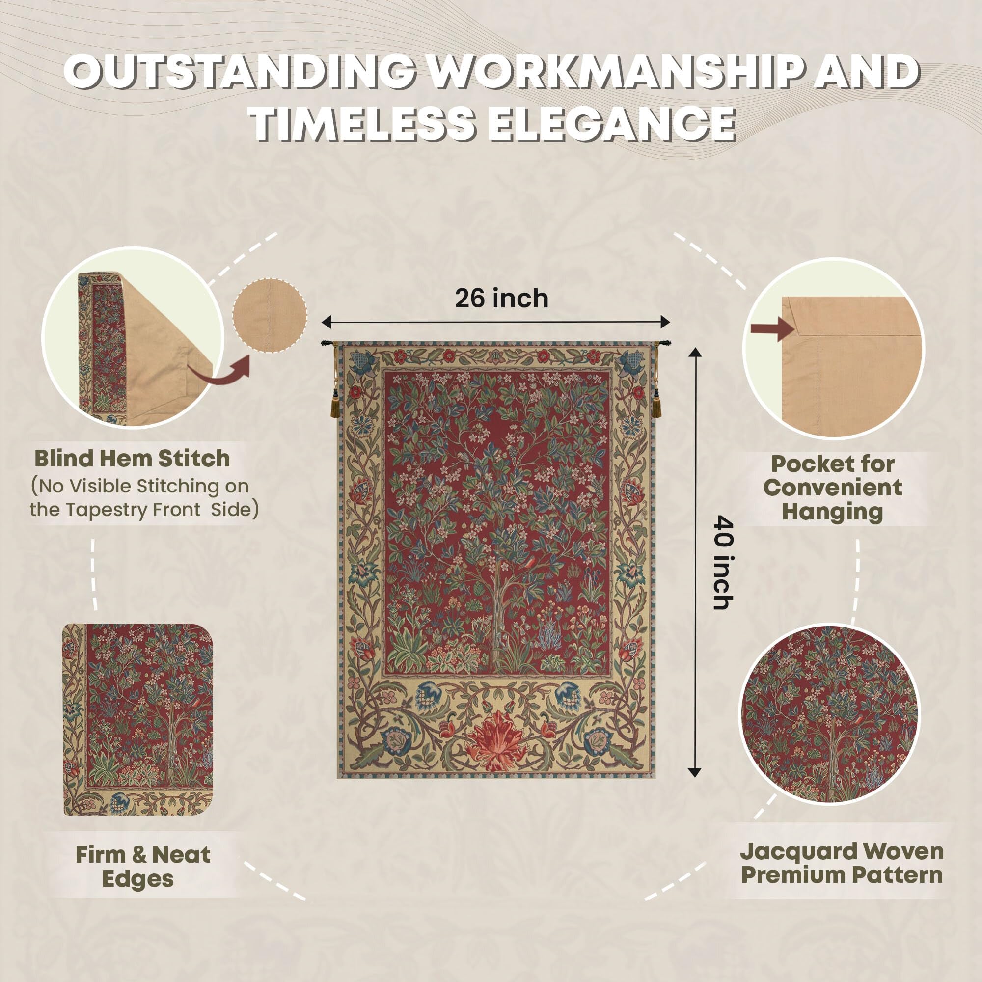 C Charlotte Home Furnishings Inc Tree Of Life Red Belgian Medium Tapestry Wall Hanging | Viscose Cotton and Polyester Blend Wall Art | 26 in. x 40 in. | Home Decor Accents | By William Morris