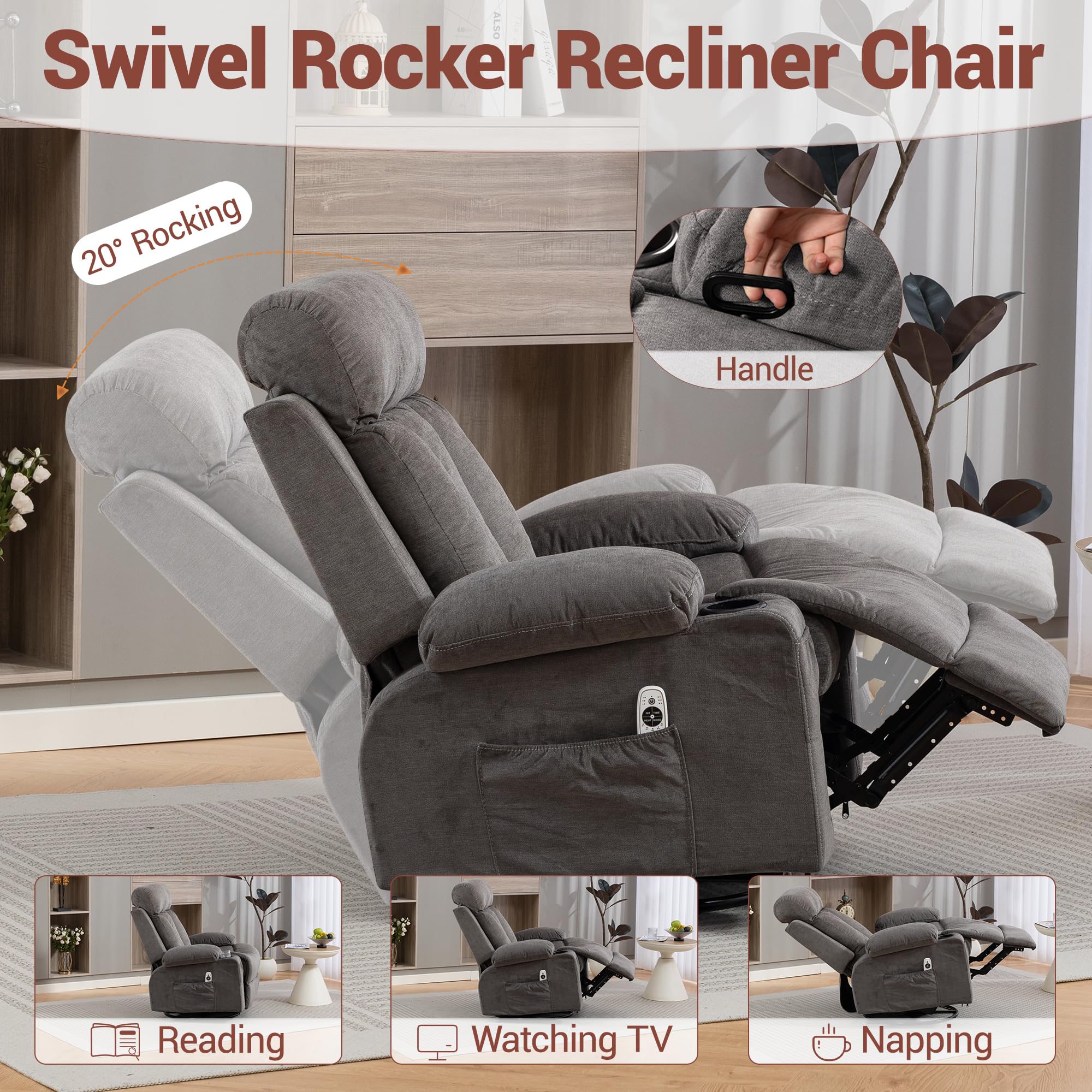 WINVO Rocker Recliner, Glider Recliner Chairs for Adults, 360° Swivel Recliner Chair w/Massage and Heating, Nursery Chair with Rocking Function, Side Pocket, Cup Holders for Living Room, Bedroom, Grey
