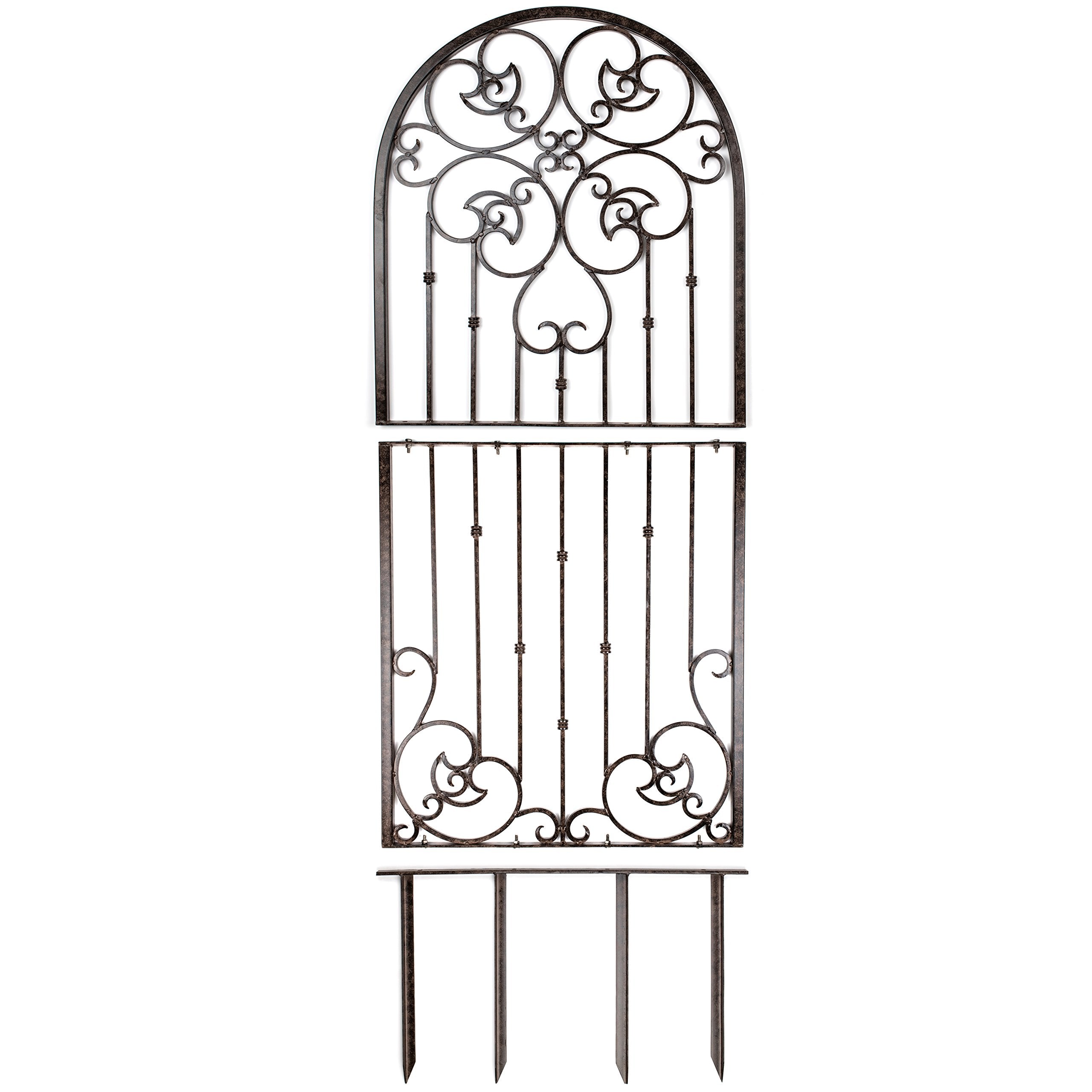 H Potter 72” Heavy Duty Garden Trellis – 60 lb Solid Iron Scrollwork Panel, 1” Metal Frame with Ground & Stabilizing Stakes (Charcoal Brown)