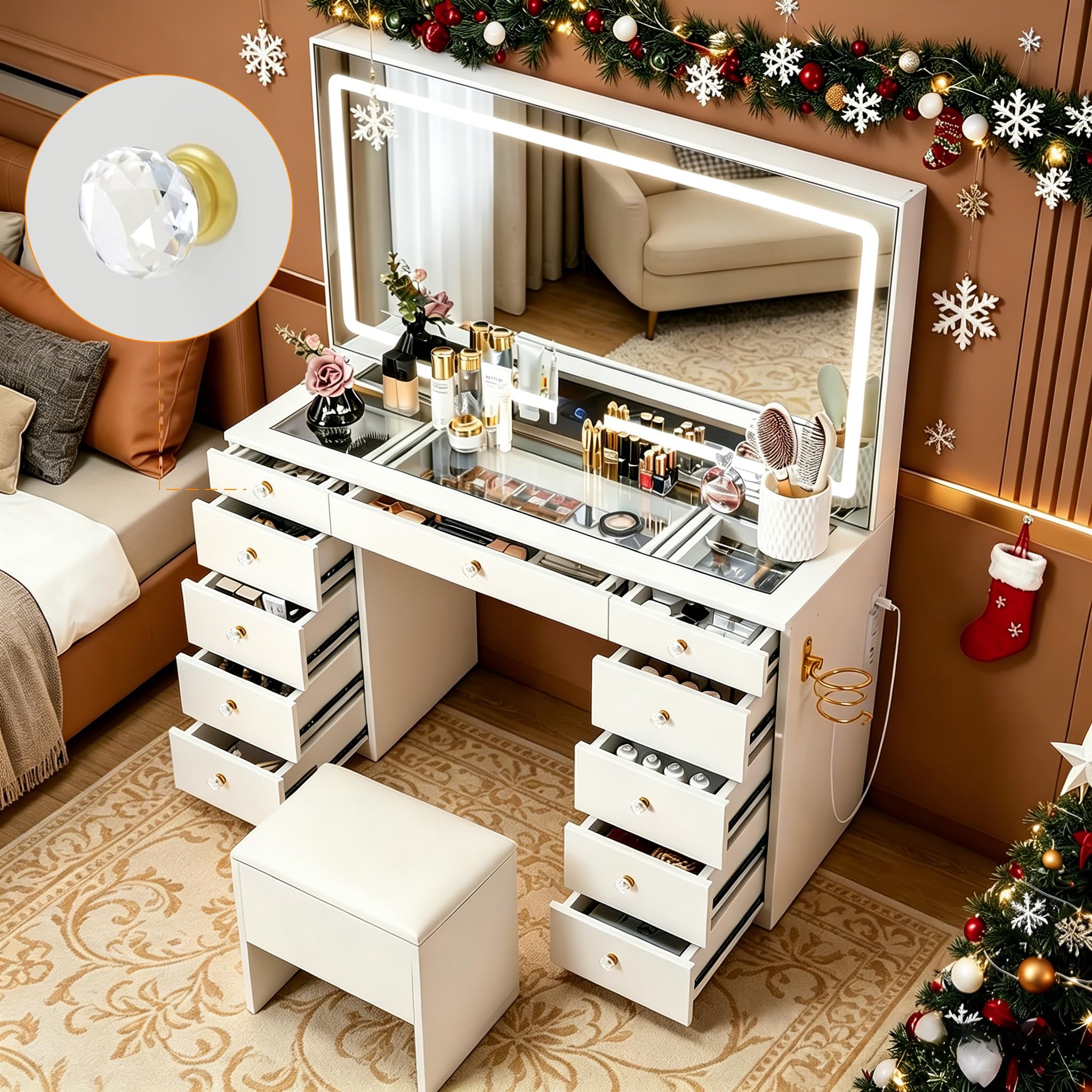 Pamapic Glass Top Makeup Vanity with Crystal Handles, 11 Drawers Vanity Desk with Mirror and Stool, 3 Lighting Modes Dressing Table with Charging Station, White
