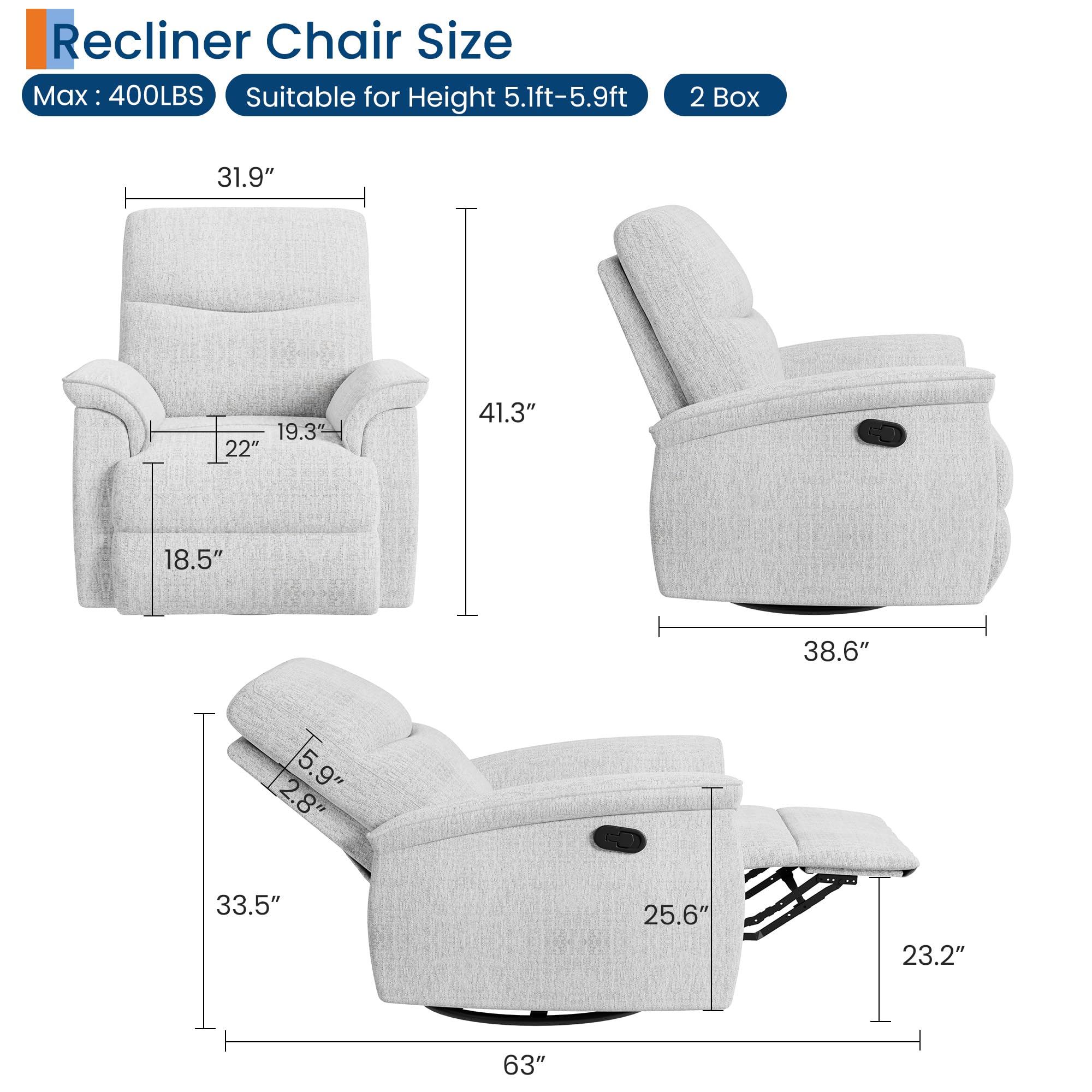 Garvee Swivel Rocker Recliner Chair, Nursery Rocker Recline Chair, Manual Chenille Reclining Armchair with 38.6" w Seat, 350 Lb Capacity, Oversized Single Sofa for Living Room Bedroom,Beige