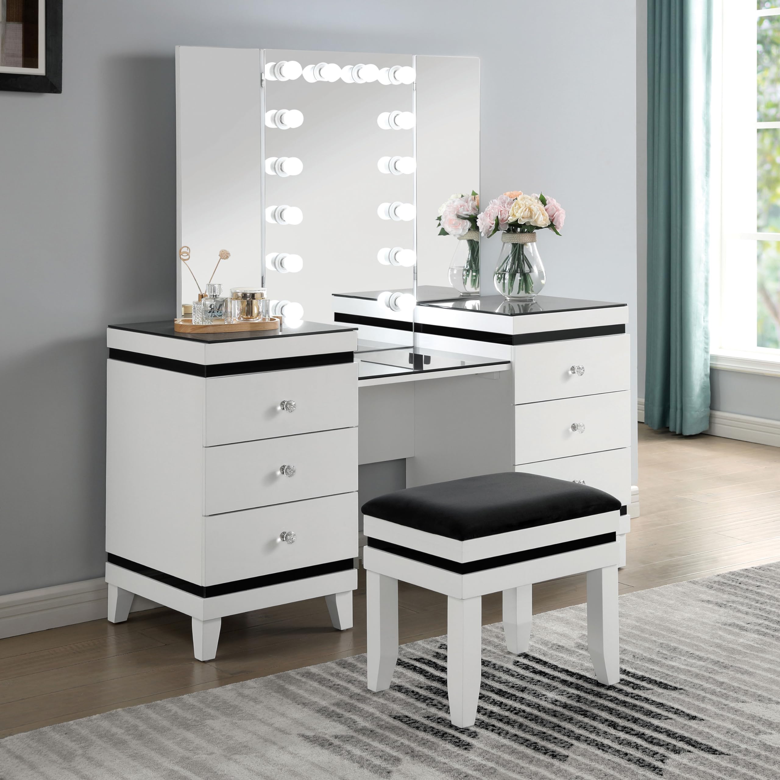 Furniture of America Oleah Solid Wood 3-Piece Vanity Set with Black Padded Stool and Light Bulbs Mirror, Felt-Lined Top Drawer for Bedroom, Guest Room, White