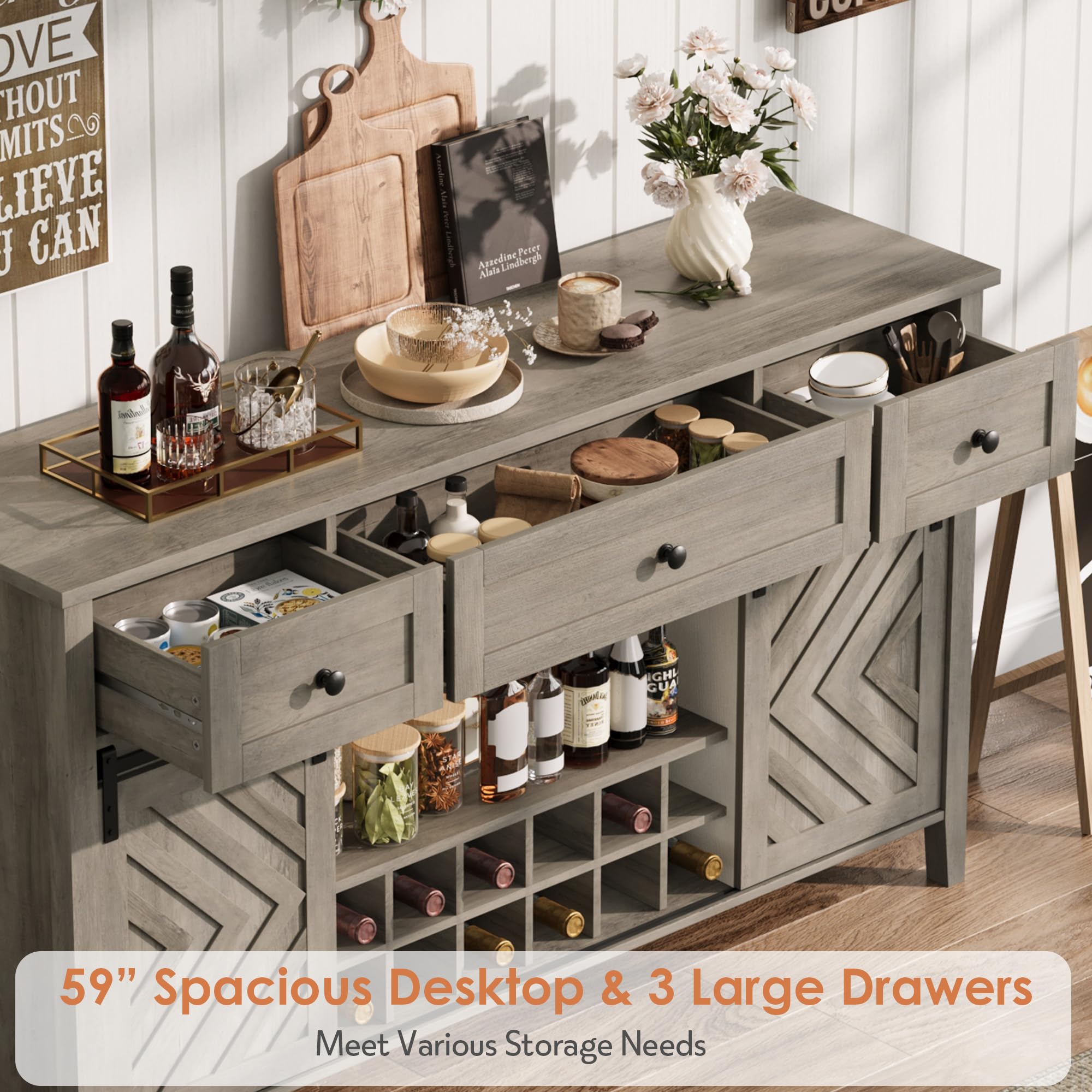 IDEALHOUSE 59'' Farmhouse Buffet Cabinet with Sliding Barn Door, 33.4'' Tall Wood Rustic Sideboard with 3 Drawer, Adjustable Shelf and Removable Wine Rack for Dining Room, Kitchen, Vintage